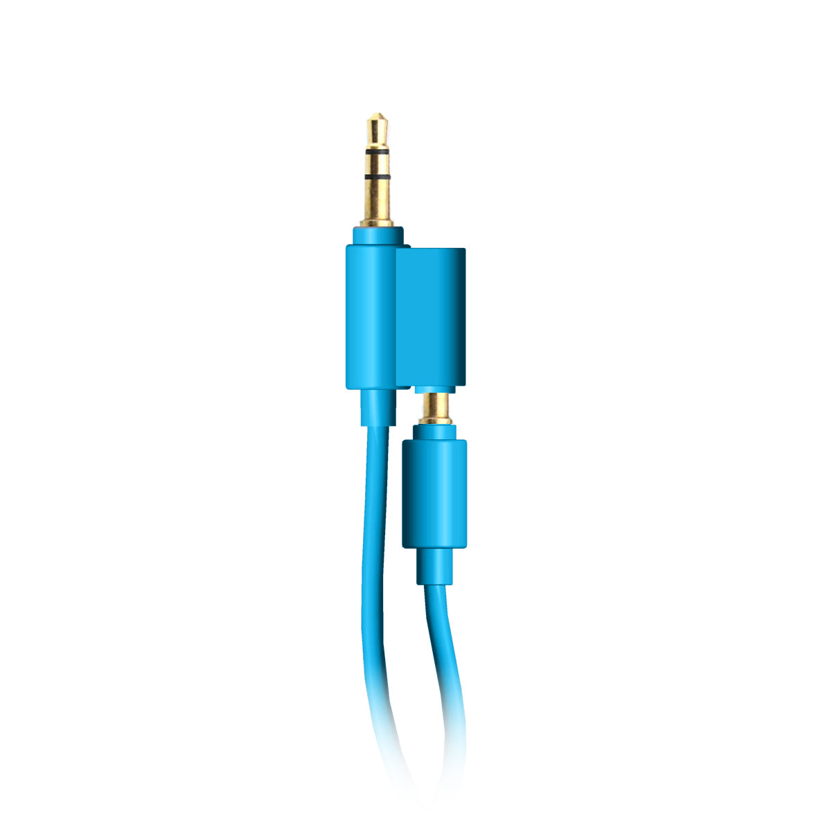 Blaues Audiokabel mit zwei Steckern. Einer hat einen 3,5-mm-Klinkenstecker, der andere einen kleinen Stecker.