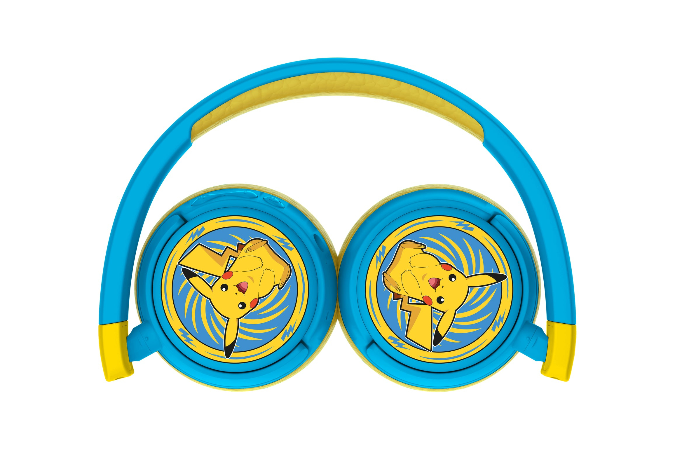 Blaue und gelbe Pokémon-Kopfhörer mit Pikachu-Bildern auf den Ohrmuscheln, auf weißem Hintergrund.