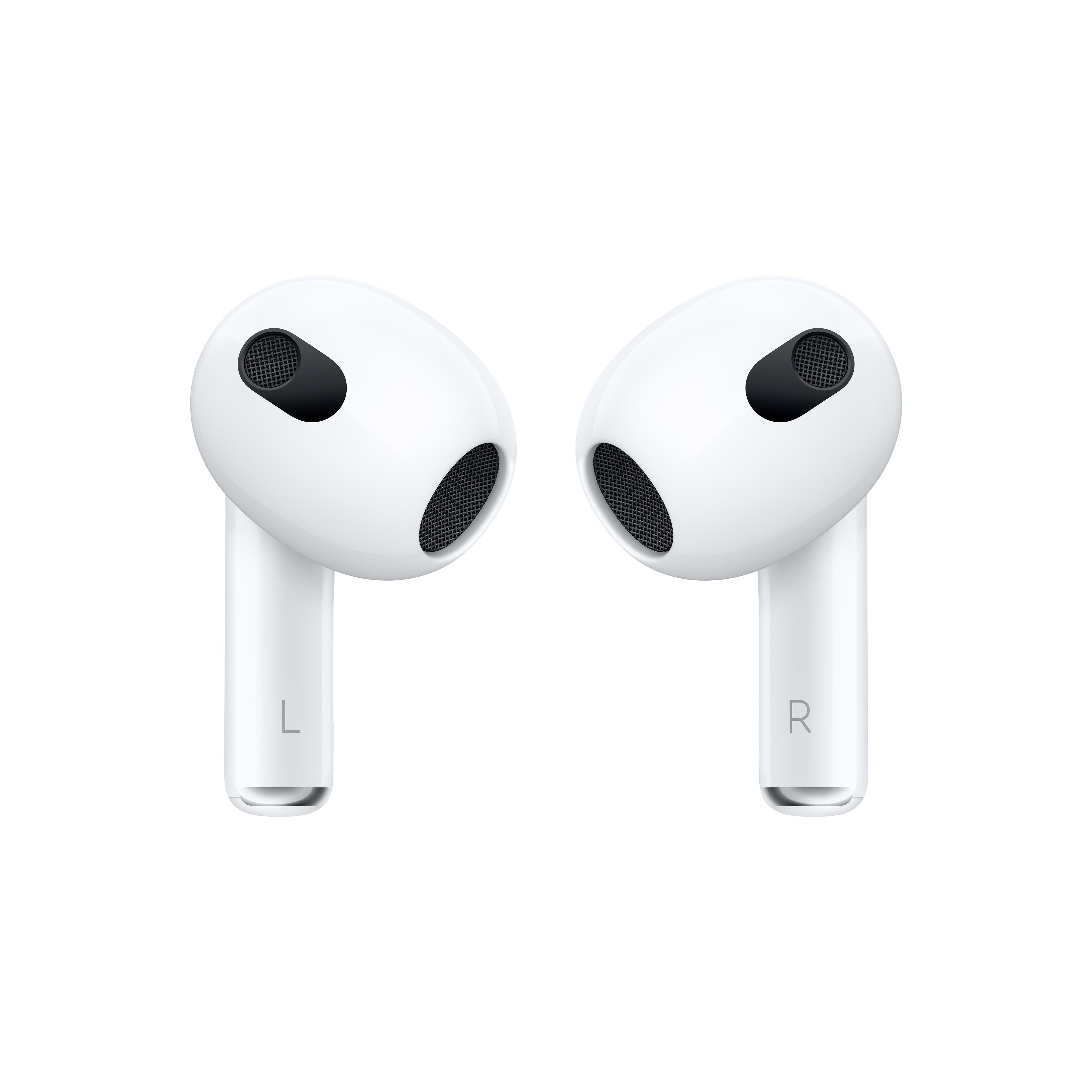 Białe słuchawki Apple AirPods, lewa i prawa wkładka douszna. Lewa oznaczona literą L.