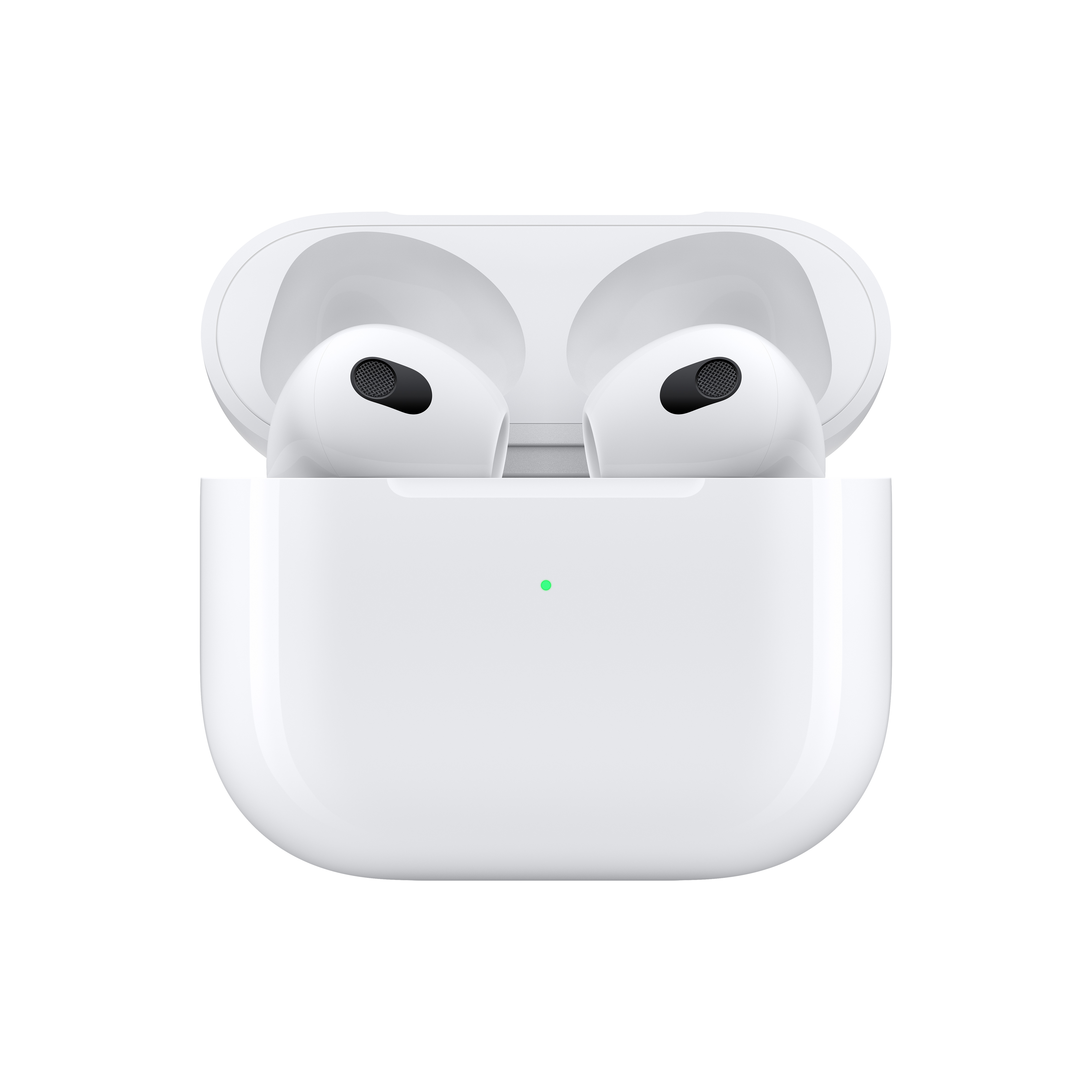 Białe AirPods Apple w etui ładującym. Etui jest otwarte, widać słuchawki. Świeci zielone światło.