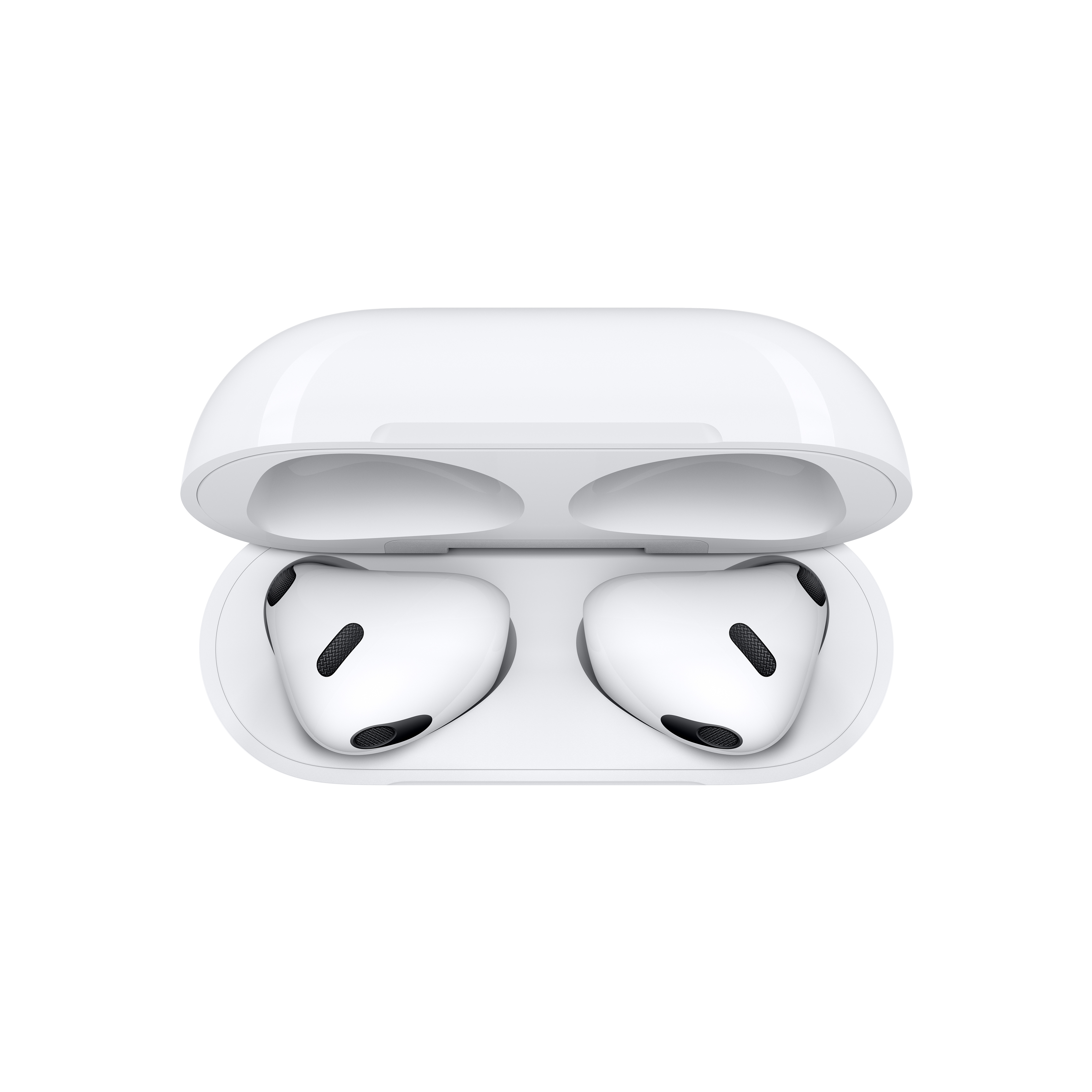Białe AirPods w otwartym białym etui. Słuchawki AirPods są w etui.