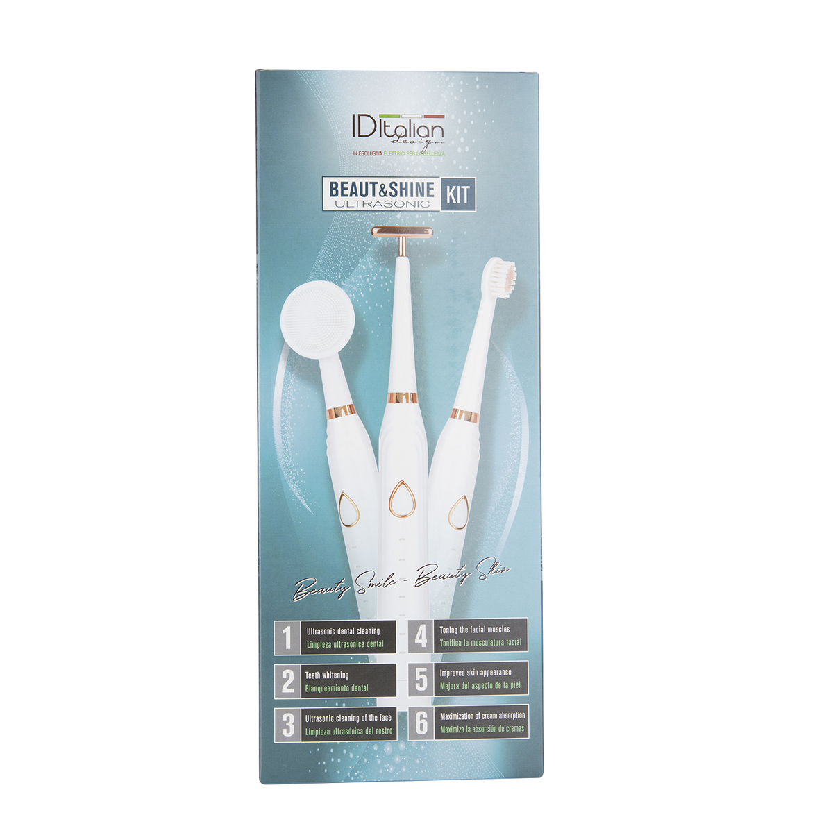 Pudełko zestawu kosmetycznego z trzema urządzeniami ultradźwiękowymi i ich funkcjami.