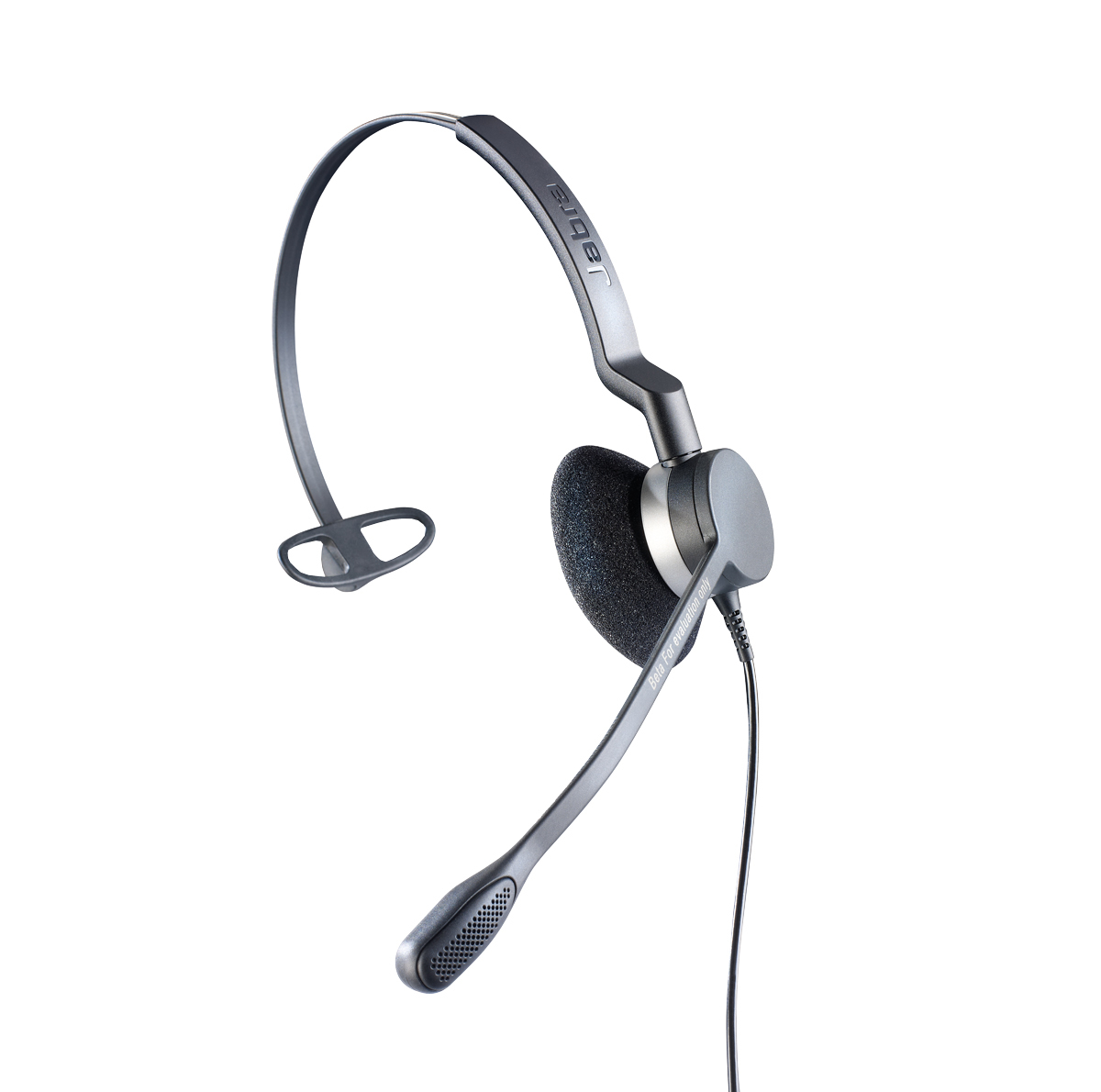 Un auricolare Jabra con microfono e archetto. È nero.