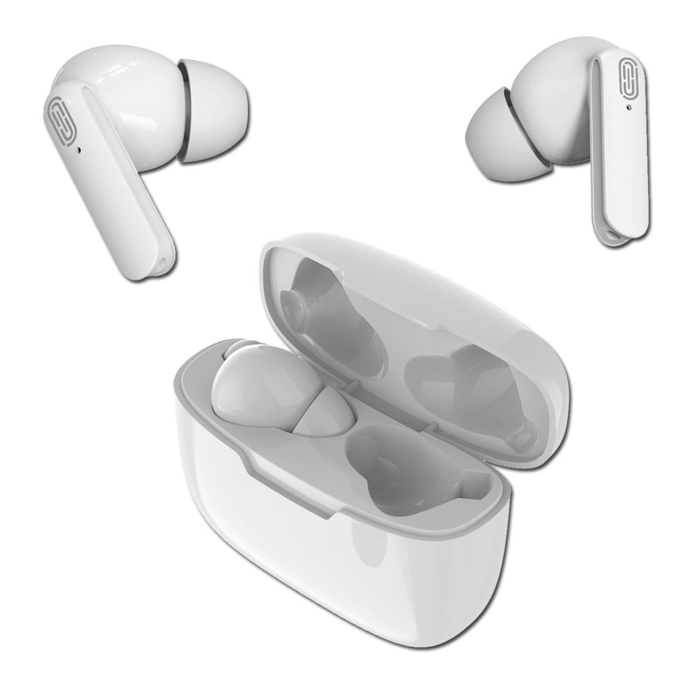 Auricolari wireless bianchi e custodia di ricarica su sfondo bianco.