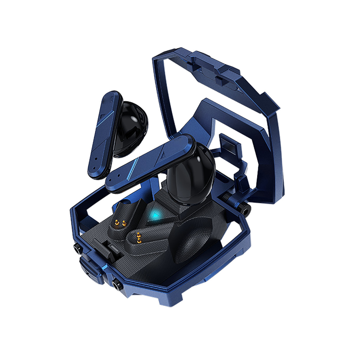 Auricolari neri e blu in una custodia blu. La custodia è aperta. Sfondo bianco.