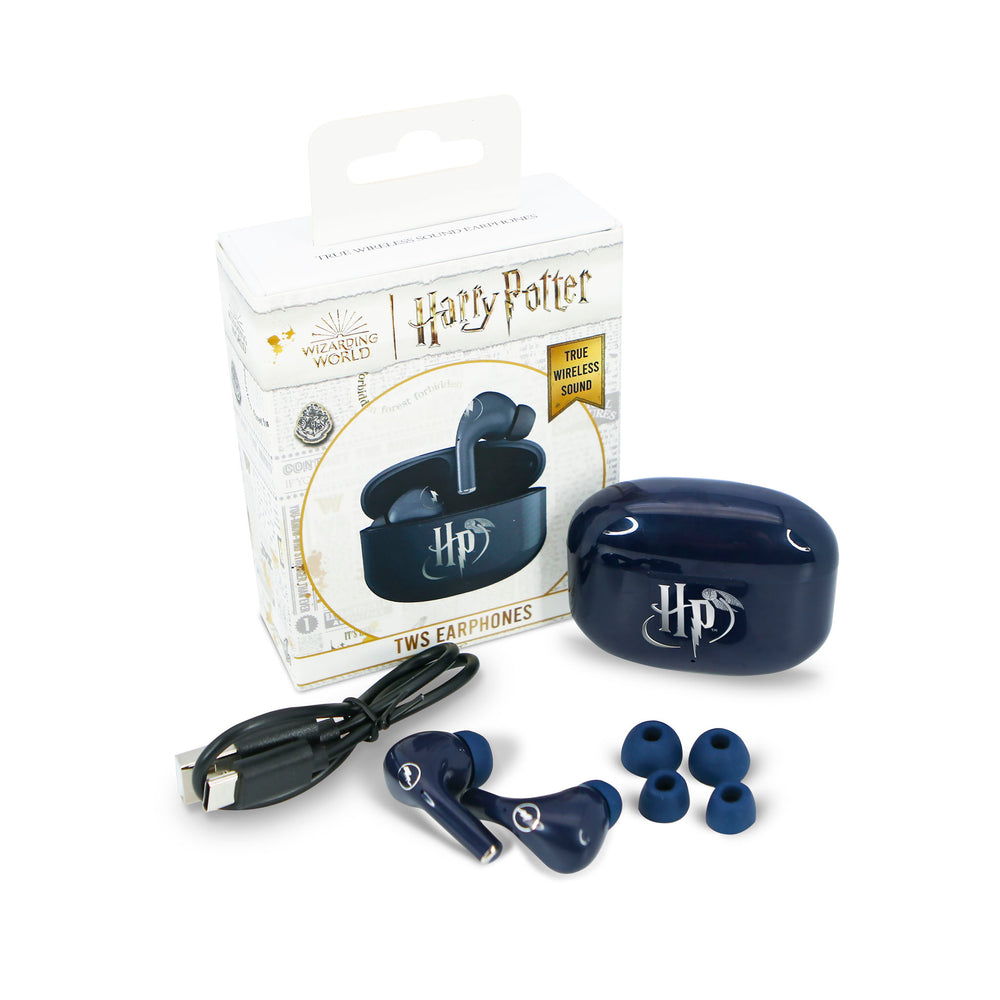 Auricolari TWS Harry Potter, custodia di ricarica, auricolari aggiuntivi e cavo.