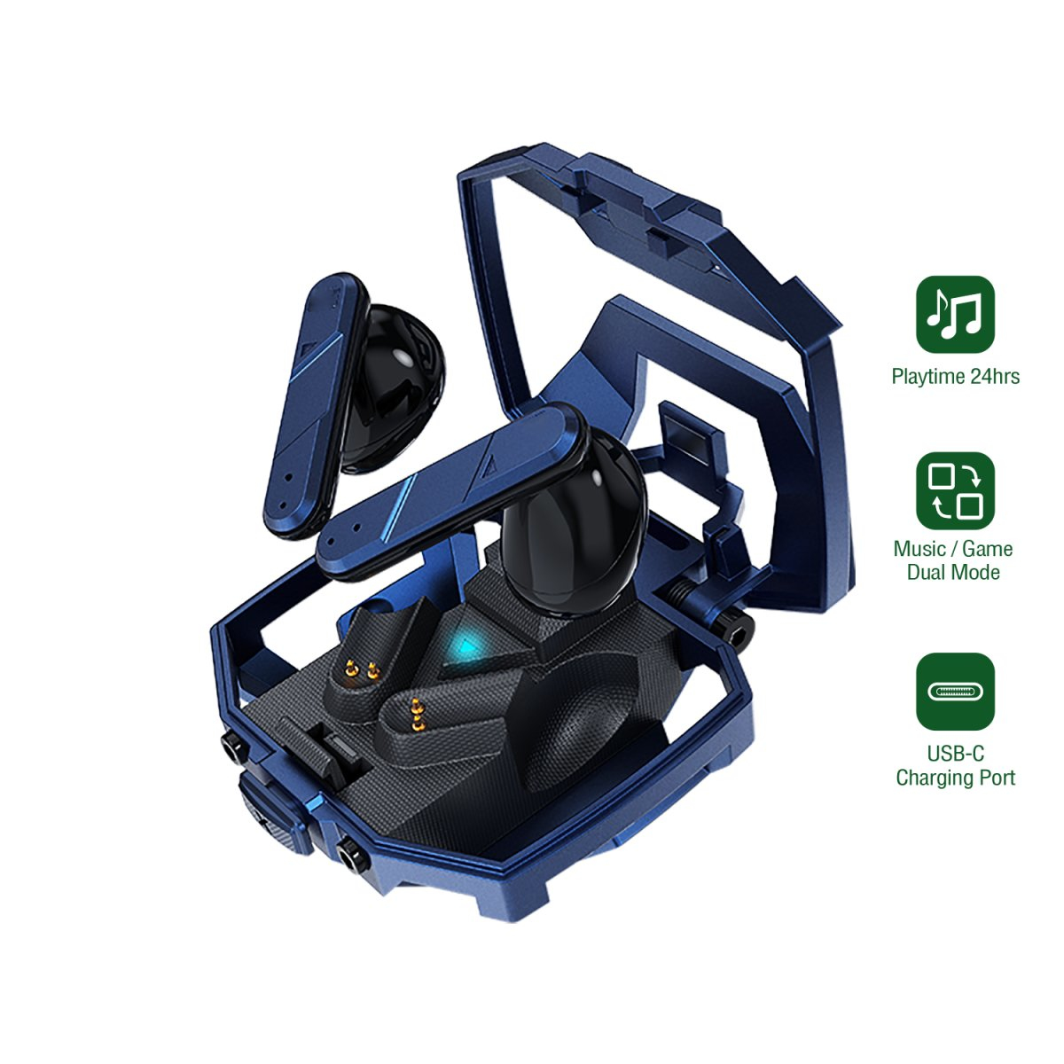 Custodia di ricarica blu con auricolari. Caratteristiche: Riproduzione 24 ore, Modalità doppia Musica/Gioco, ricarica USB-C.