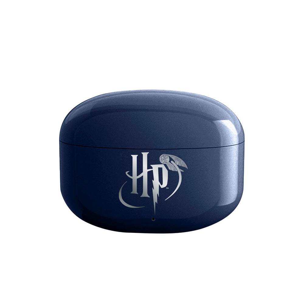 Custodia blu per auricolari Harry Potter con logo argentato. Sfondo bianco.