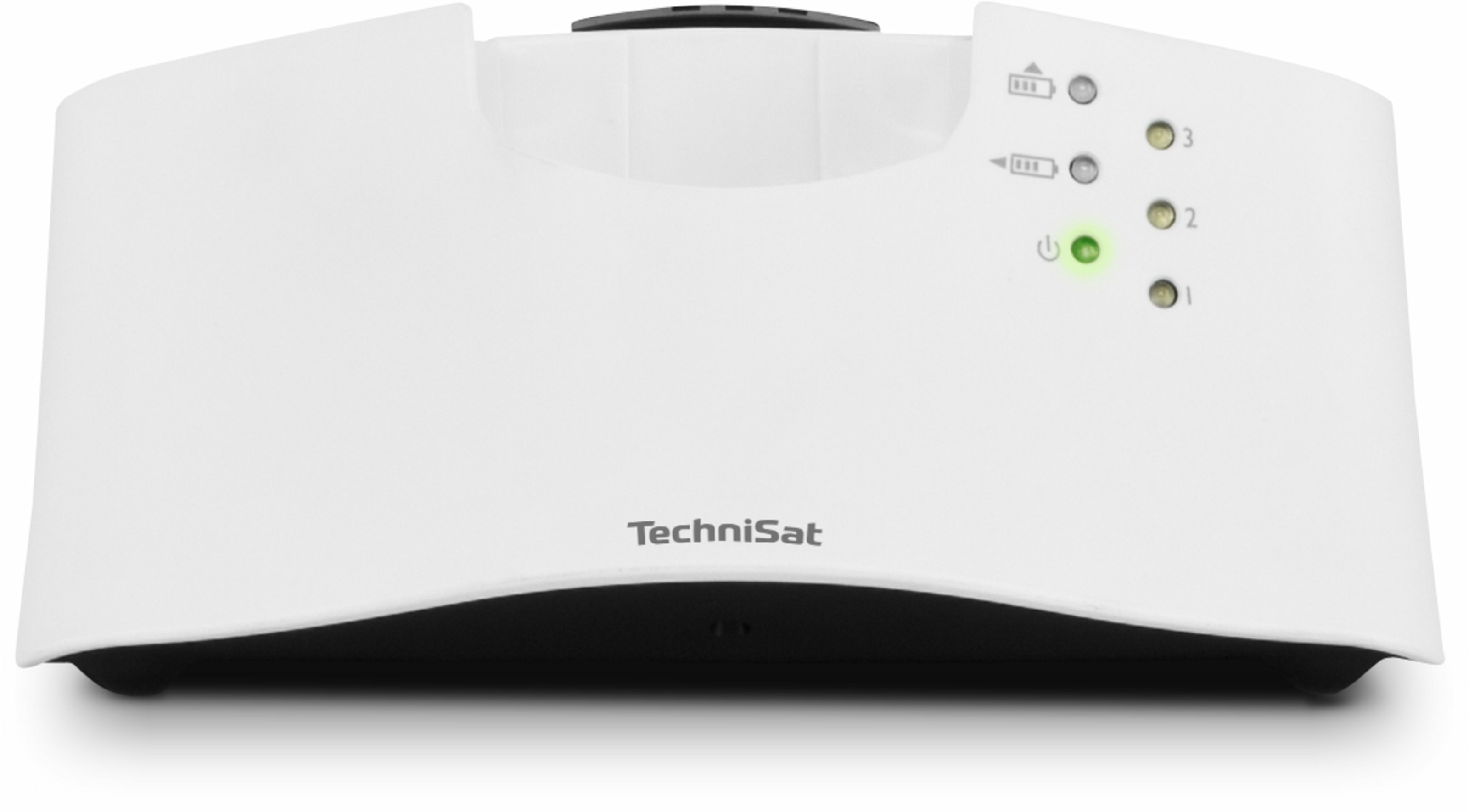 Białe, prostokątne urządzenie TechniSat z zielonymi światłami i logo TechniSat.