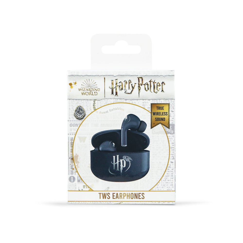 Auricolari Harry Potter TWS in una scatola con il logo e il testo su sfondo bianco.