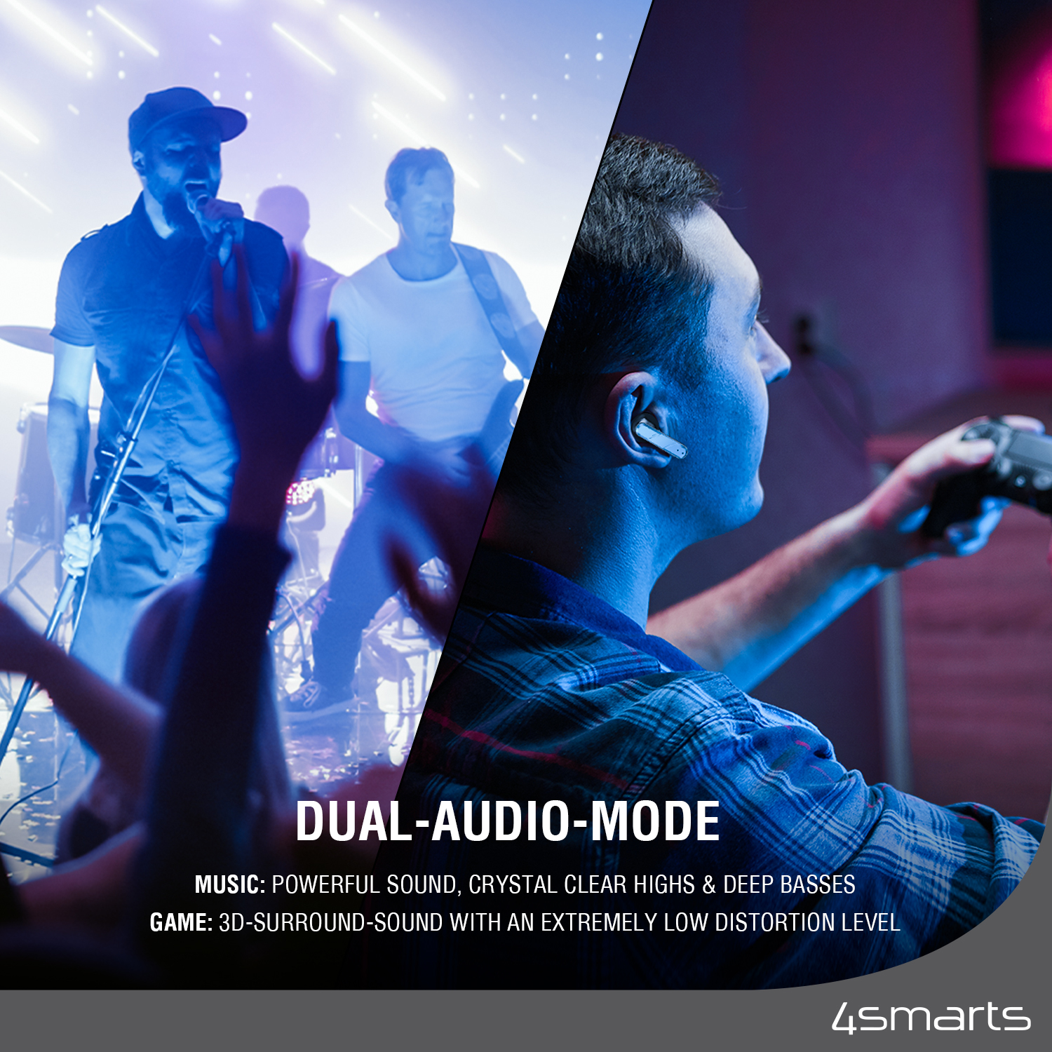 Un uomo gioca mentre un altro si esibisce con una band. Modalità audio dual: musica e suono del gioco.