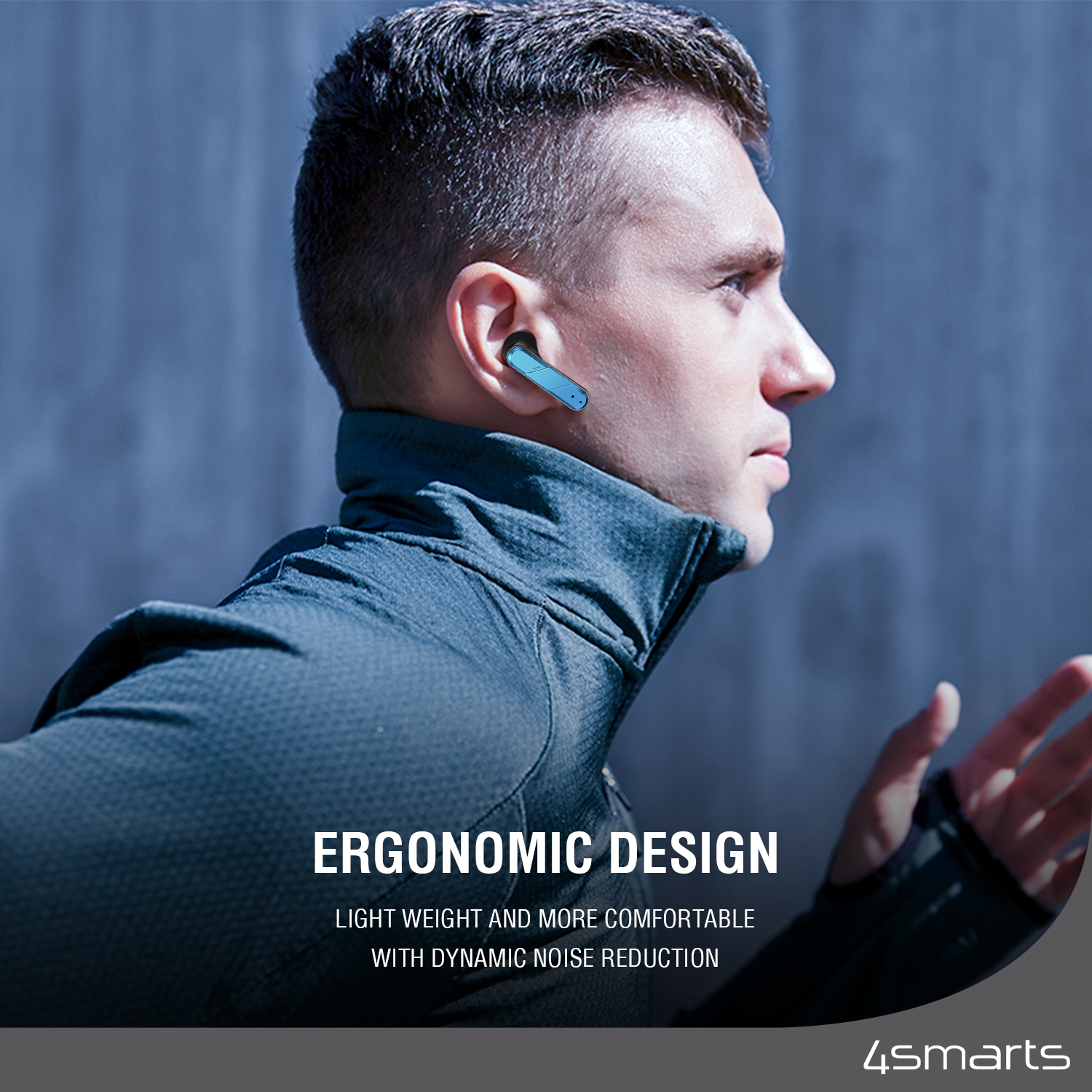Uomo con auricolare. Testo: design ergonomico, leggero, riduzione dinamica del rumore.