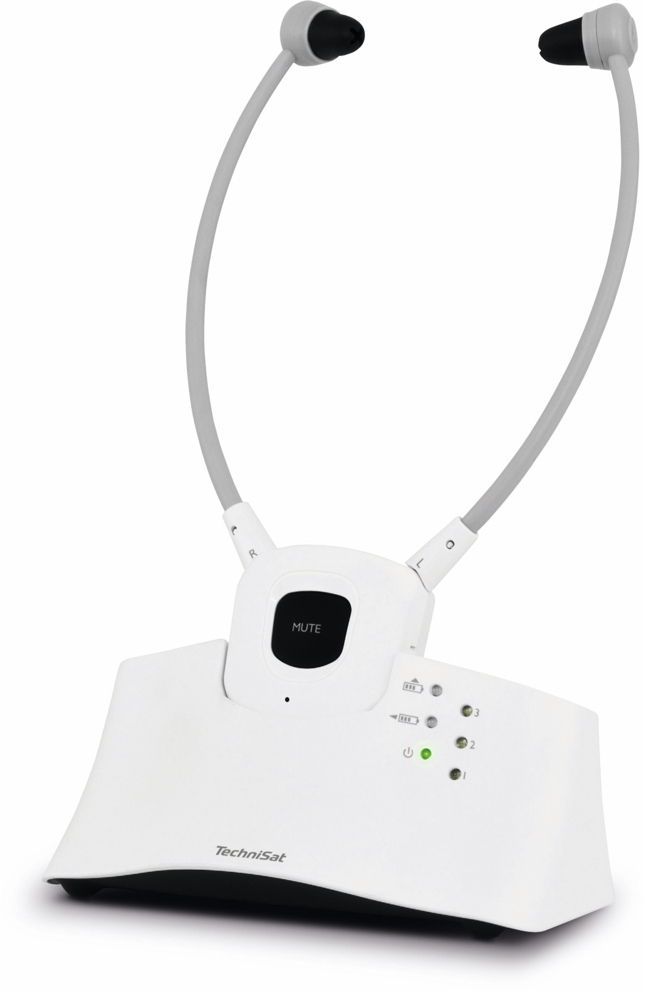 Białe urządzenie z dwoma ramionami trzymającymi słuchawki i podstawą z przyciskami, na białym tle.