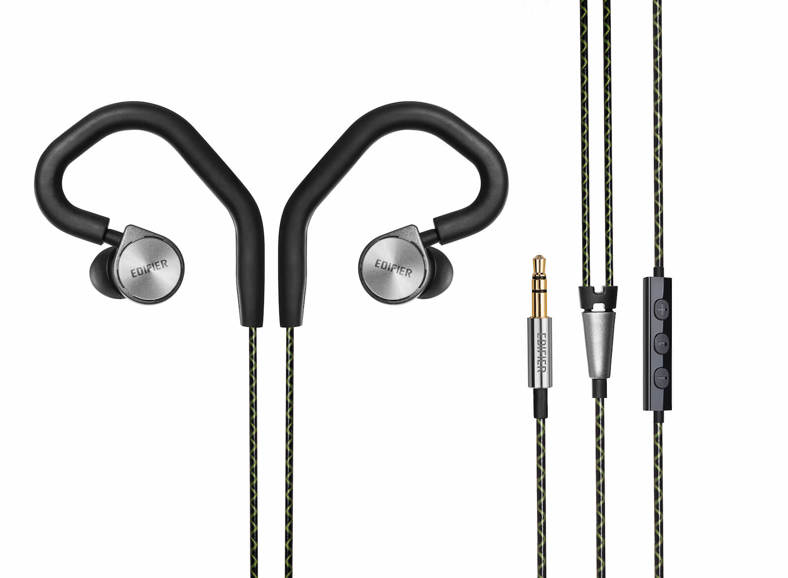 Auricolari sportivi con ganci per le orecchie. Dettagli argento e neri e cavi verdi.