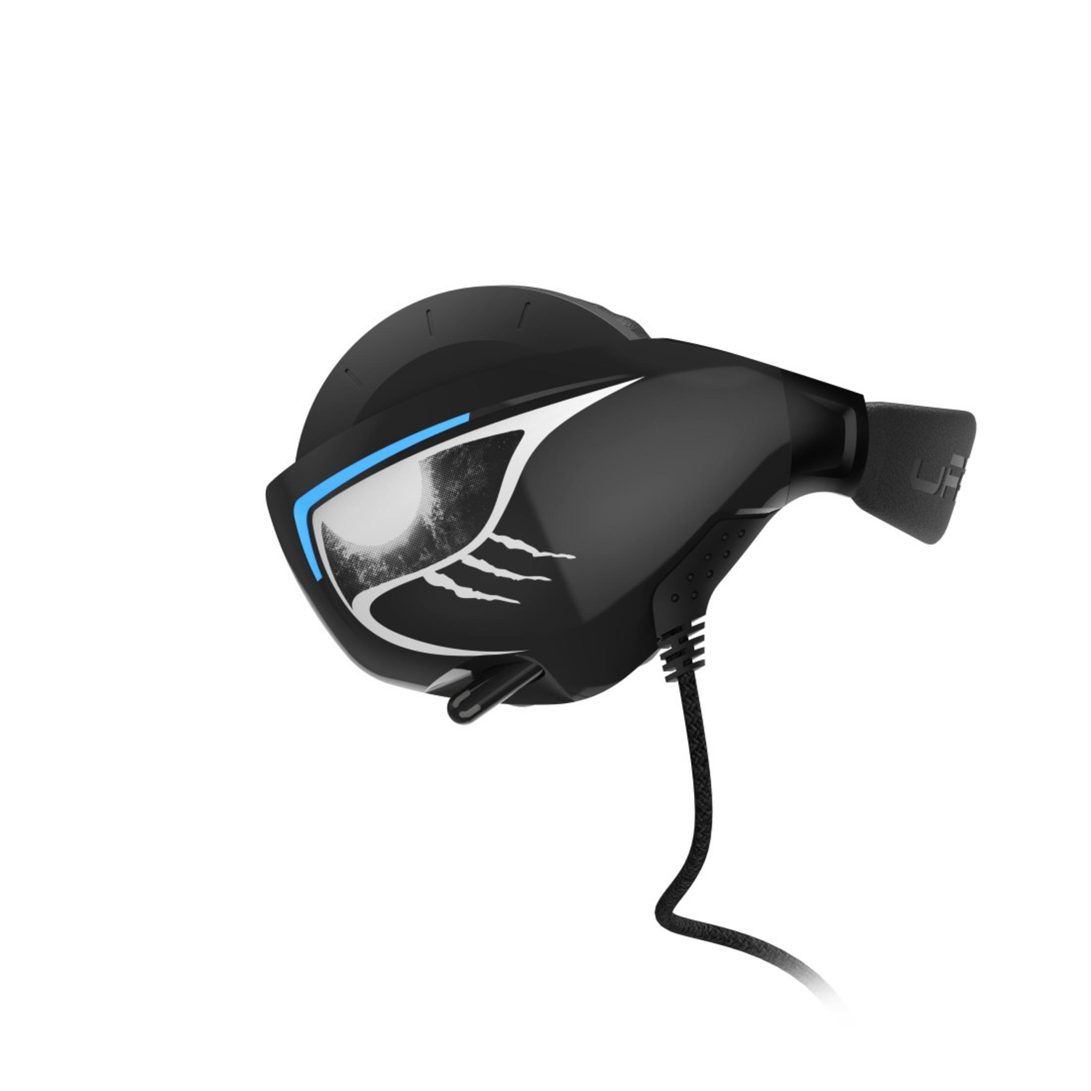 Schwarzes VR-Headset auf weißem Hintergrund. Es hat ein blaues Licht und ein Kabel.