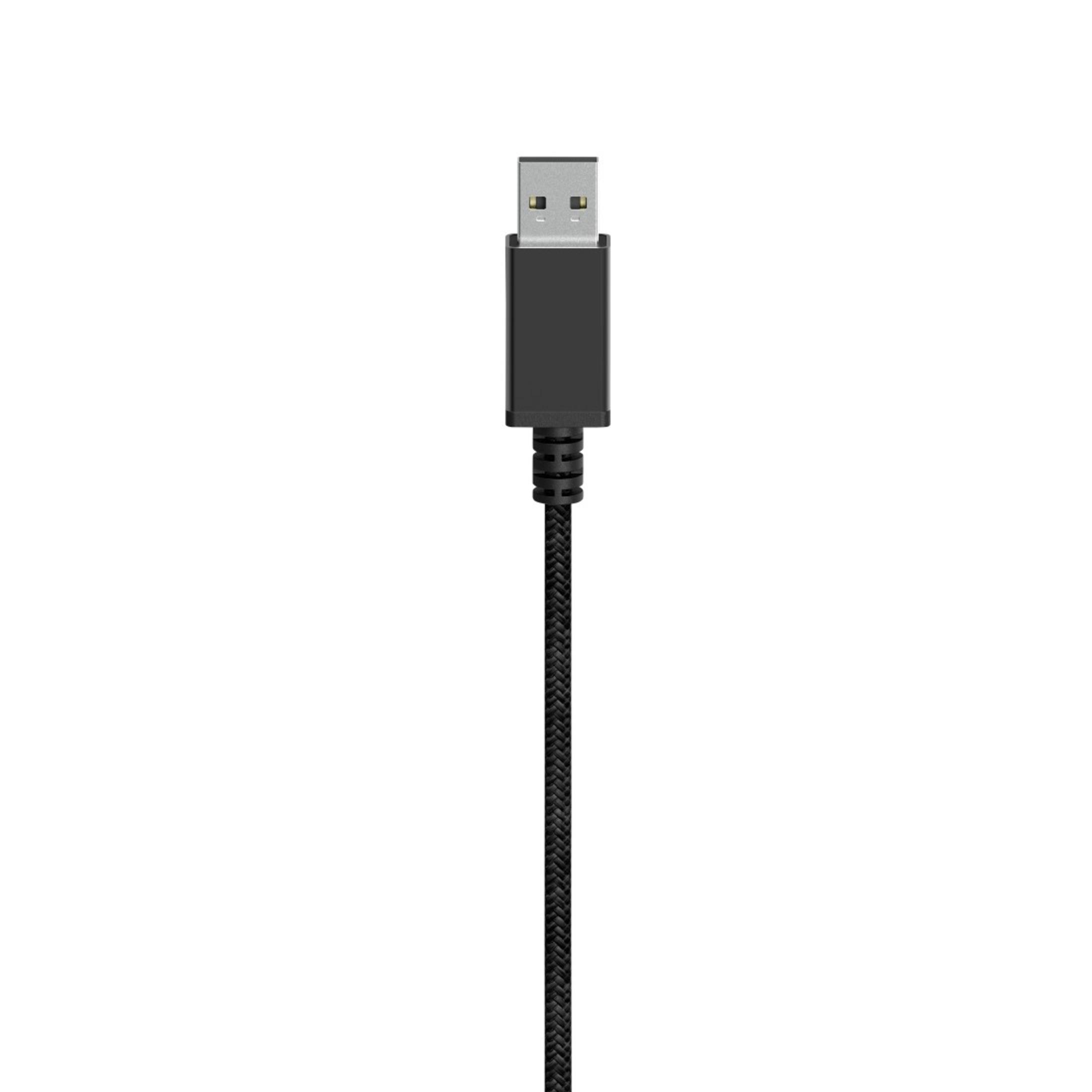 Schwarzes USB-Kabel mit einem USB-A-Anschluss, isoliert auf weißem Hintergrund.