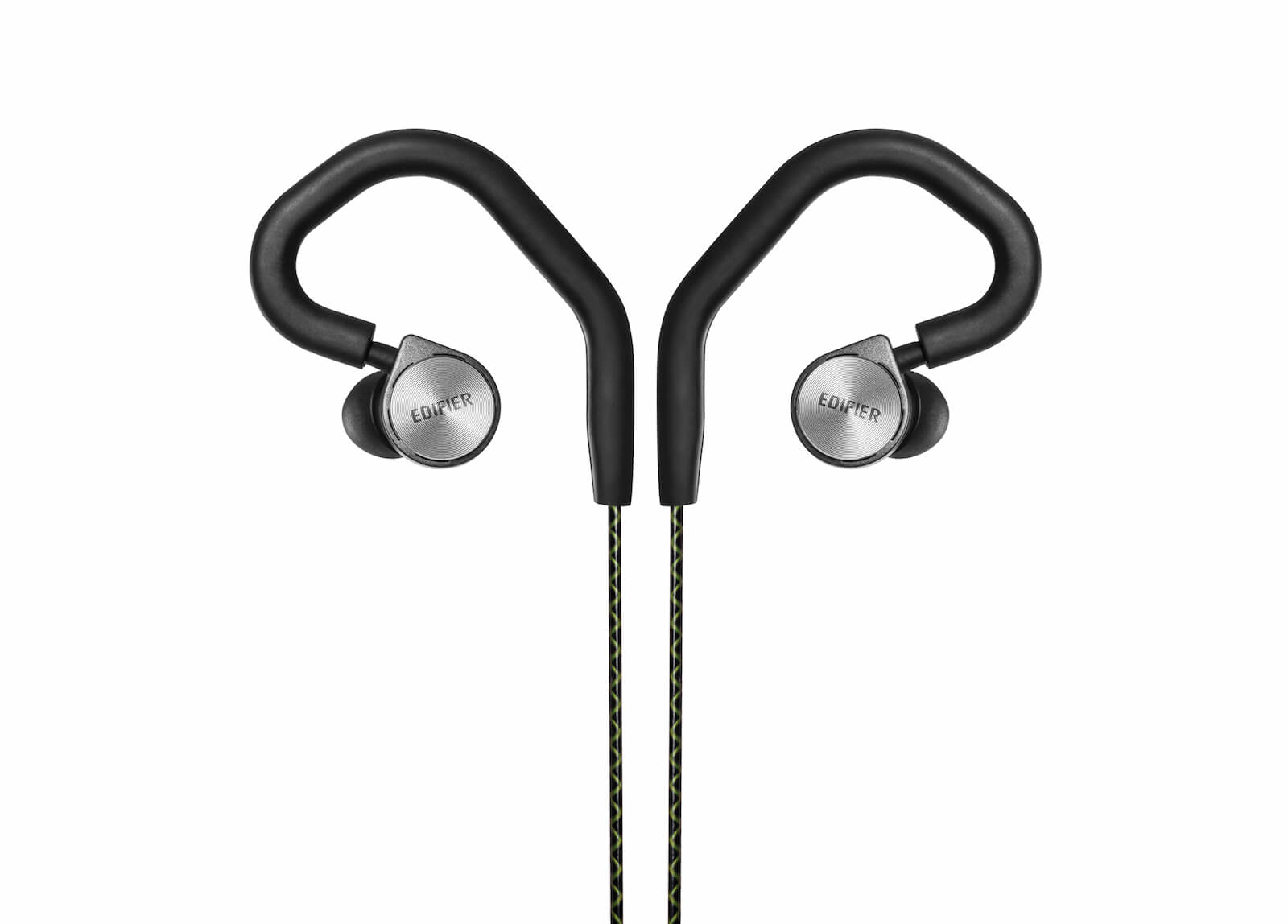 Auricolari con logo Edifier argentato e cavo nero e giallo. Sfondo bianco.