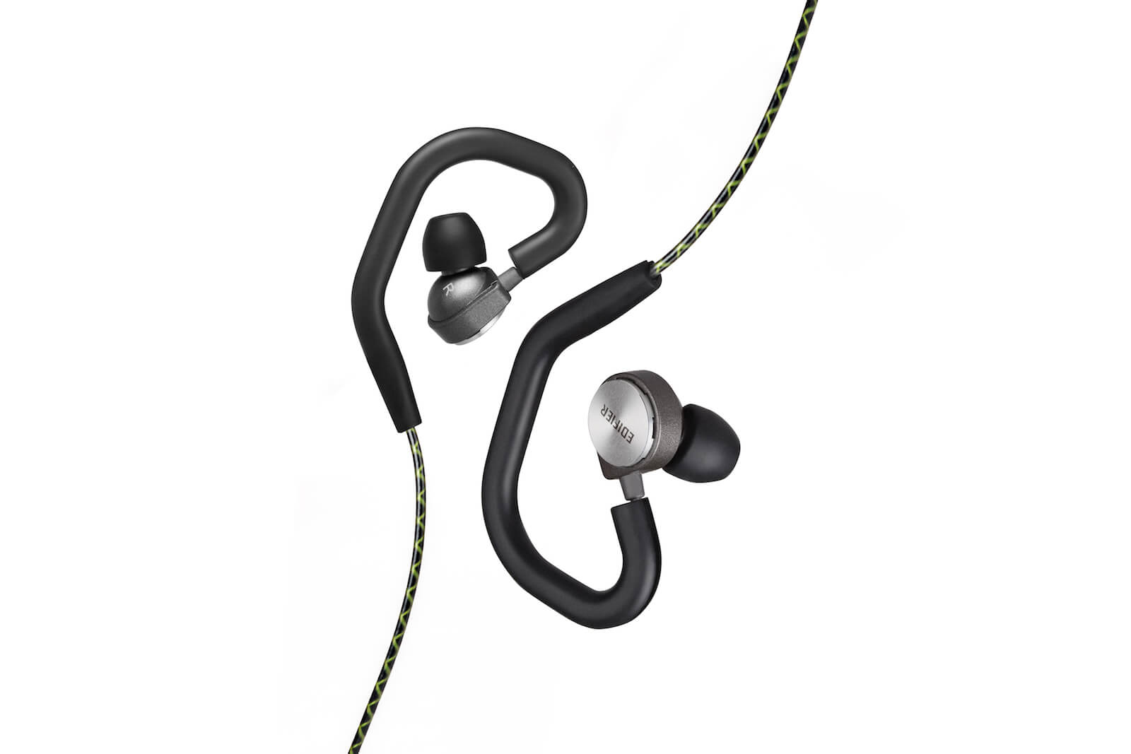 Auricolari sportivi neri e grigi con cavo verde/giallo su sfondo bianco.