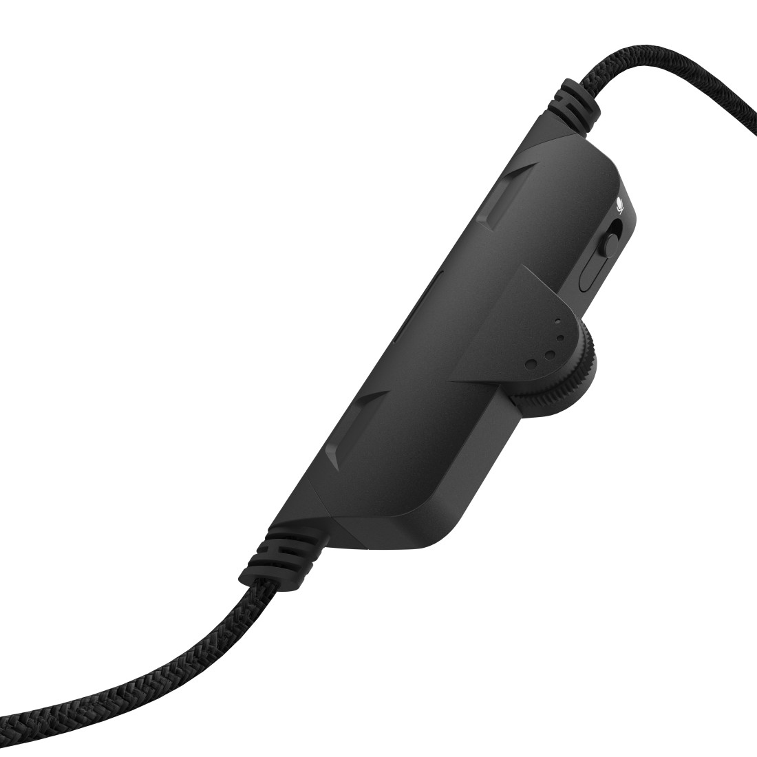 Schwarzes Headset-Steuermodul mit Lautstärkerad und Tasten. Weißer Hintergrund.