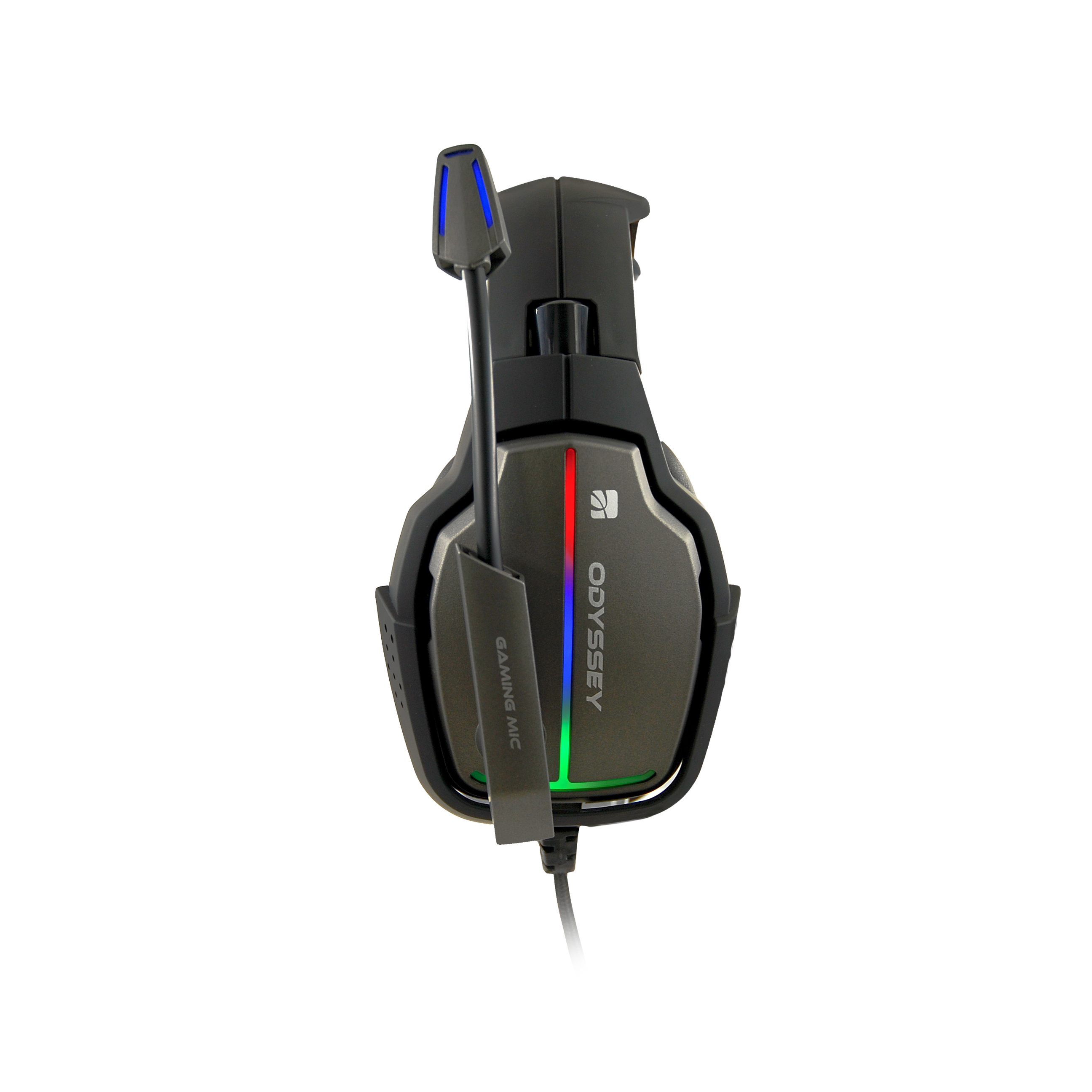 Cuffie da gioco con microfono. Nero e grigio con logo Odyssey. Sfondo bianco.