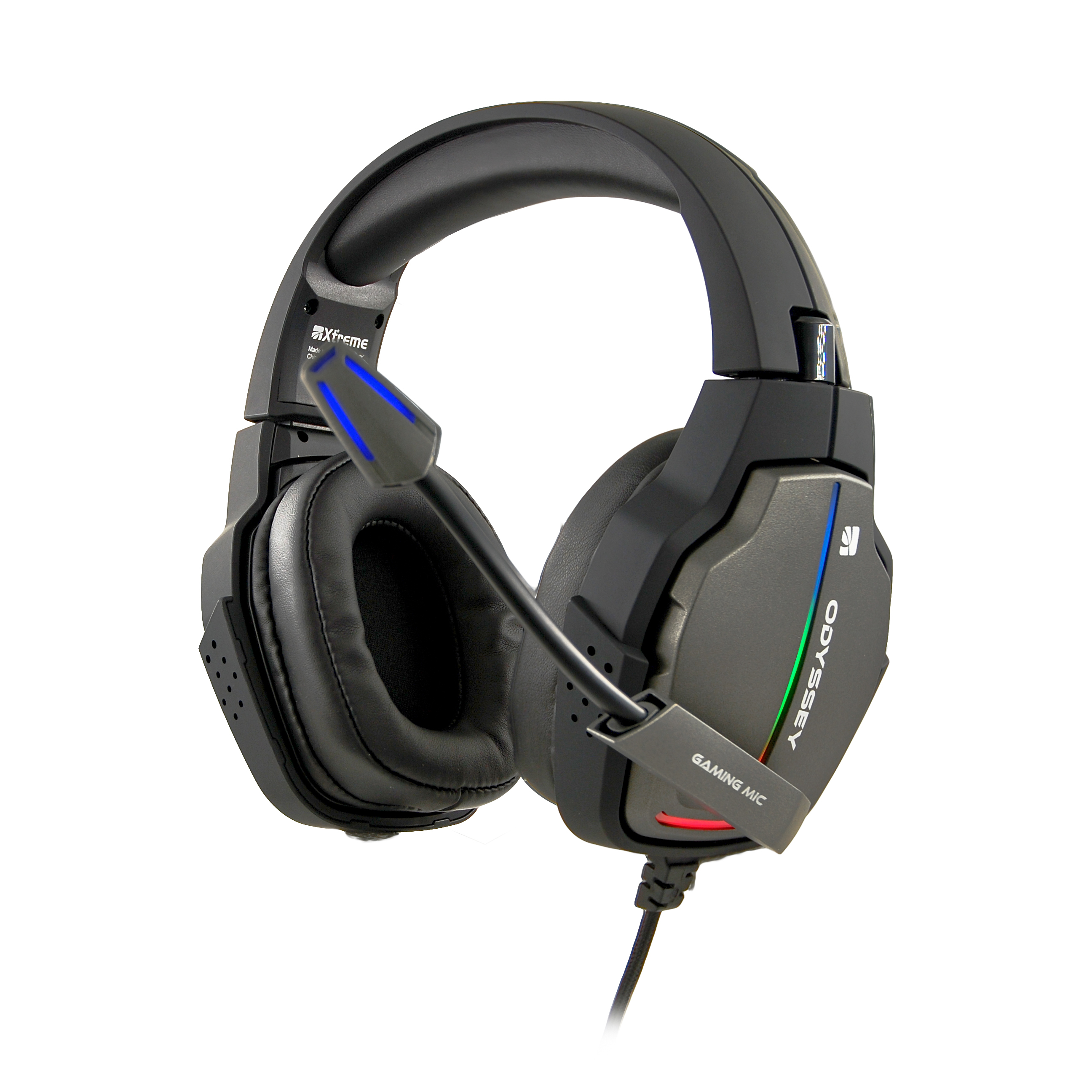 Cuffie da gioco nere con microfono su sfondo bianco.