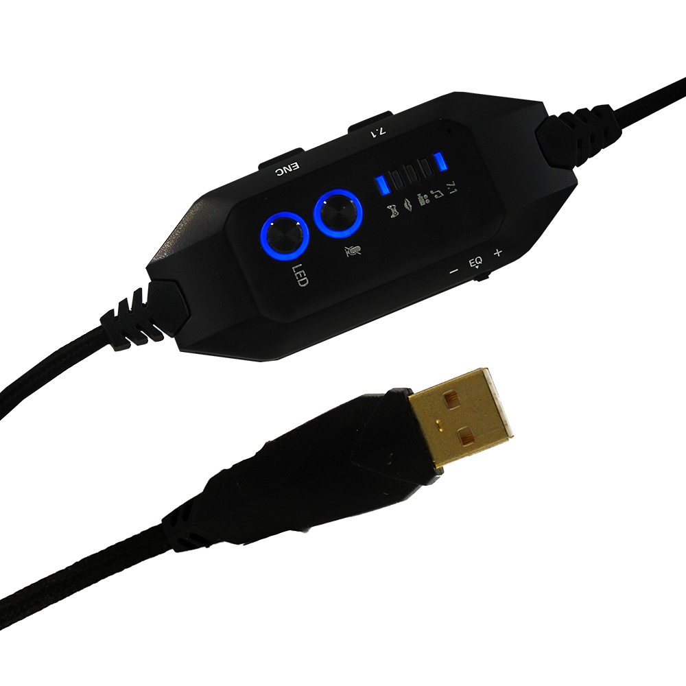 Controllo audio nero con USB e jack. Luci LED blu e pulsanti multipli.
