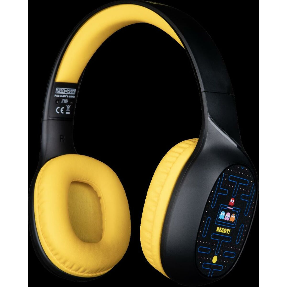 Cuffie Pac-Man gialle con dettagli neri, con personaggi di Pac-Man sul lato.