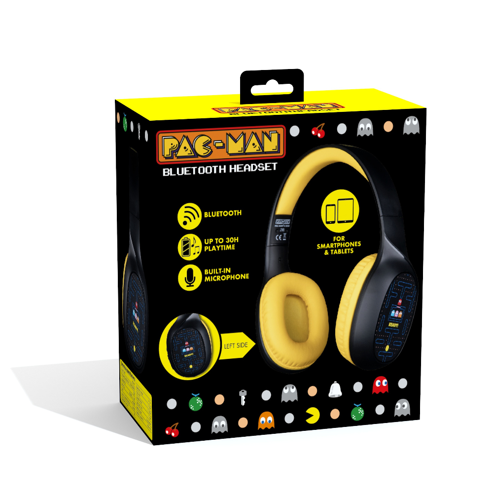 Scatola cuffie Bluetooth Pac-Man. Giallo e nero con personaggi e icone di Pac-Man.