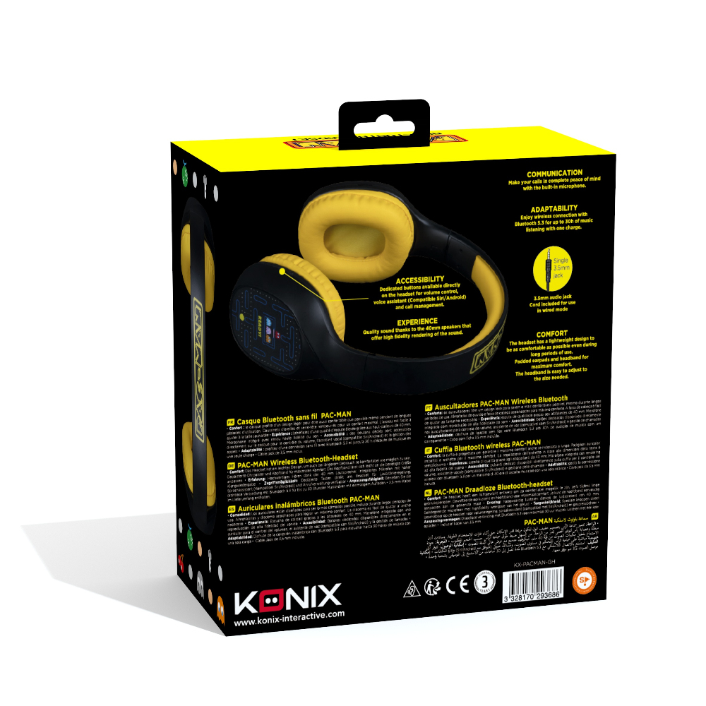 Una cuffia Bluetooth wireless Pac-Man gialla e nera.