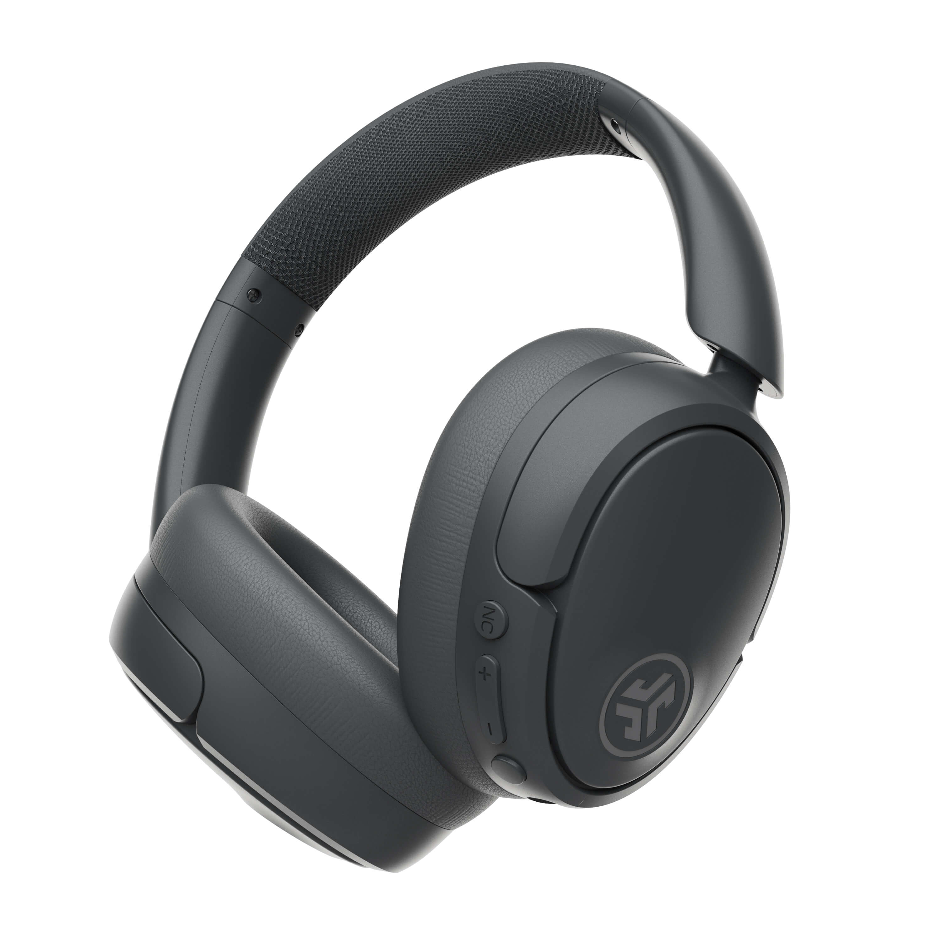 Cuffie nere over-ear, vista angolata, con controlli sul padiglione auricolare sinistro.