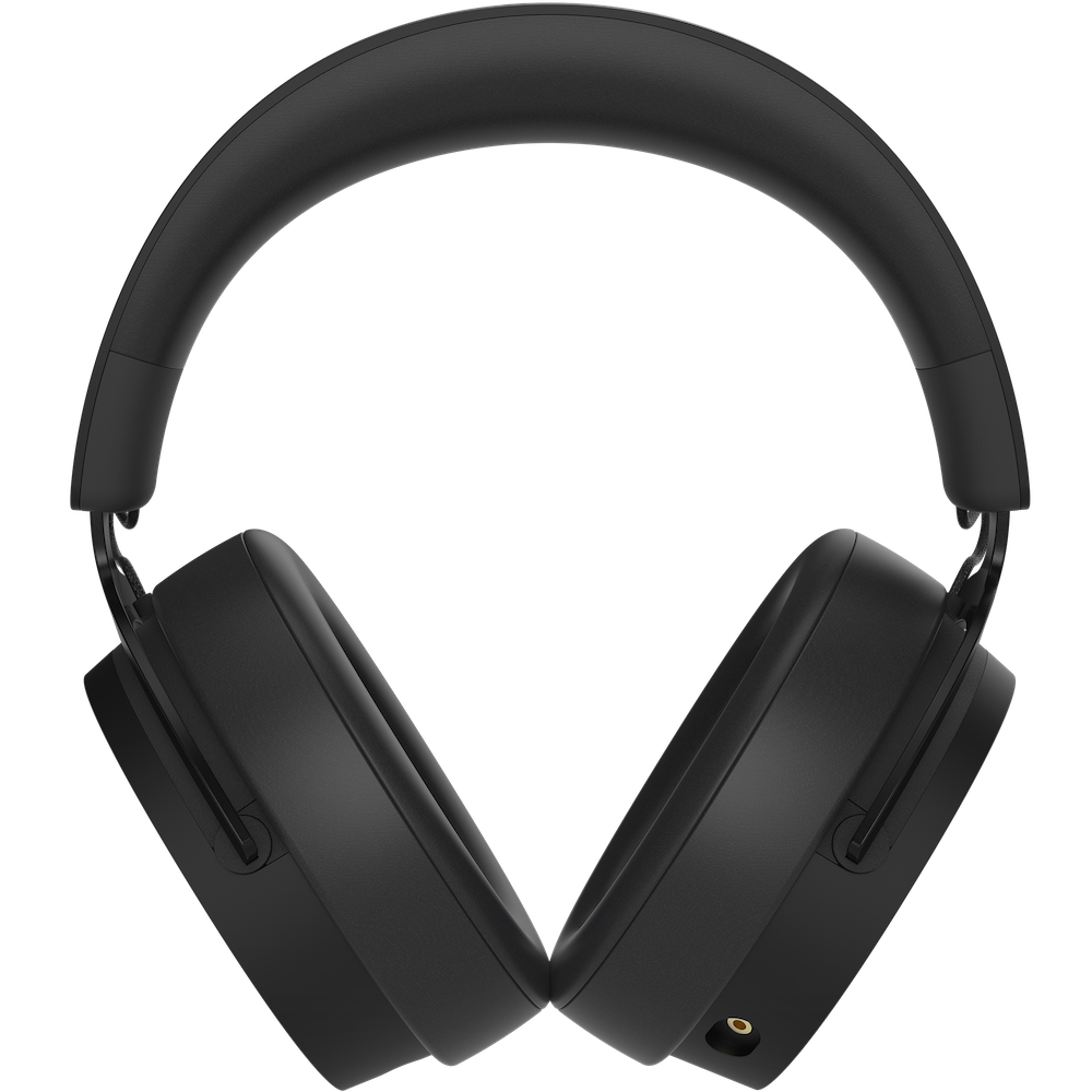Black headphones, overhead view, white background.