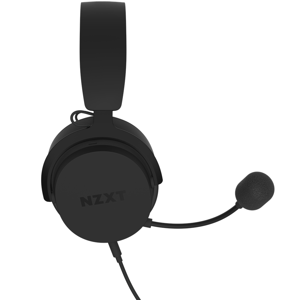 Black NZXT headphones with microphone. Top view. White background.