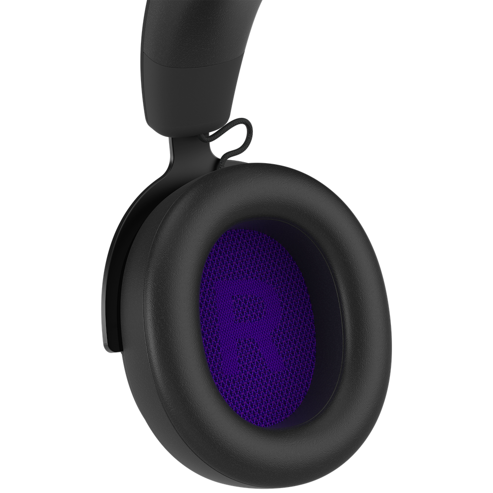 Black headset ear cup, with purple mesh with the letter R.