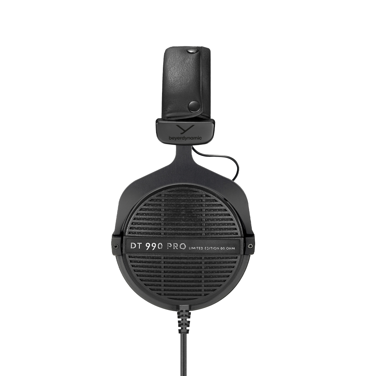 Czarne słuchawki nauszne z logo Beyerdynamic i czarnym kablem.