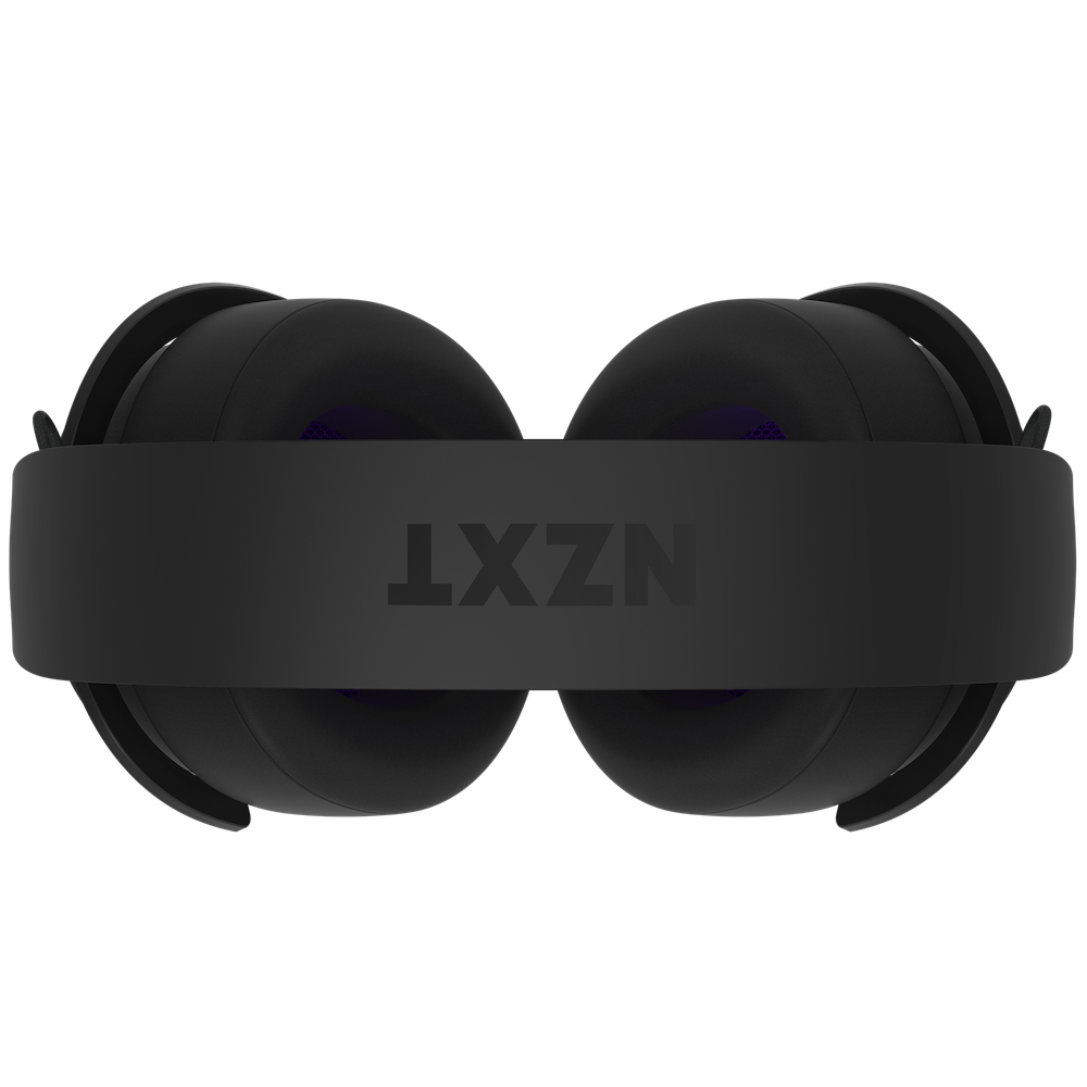 Black headphones, the name "NZXT" is printed on the headband. Purple light visible.