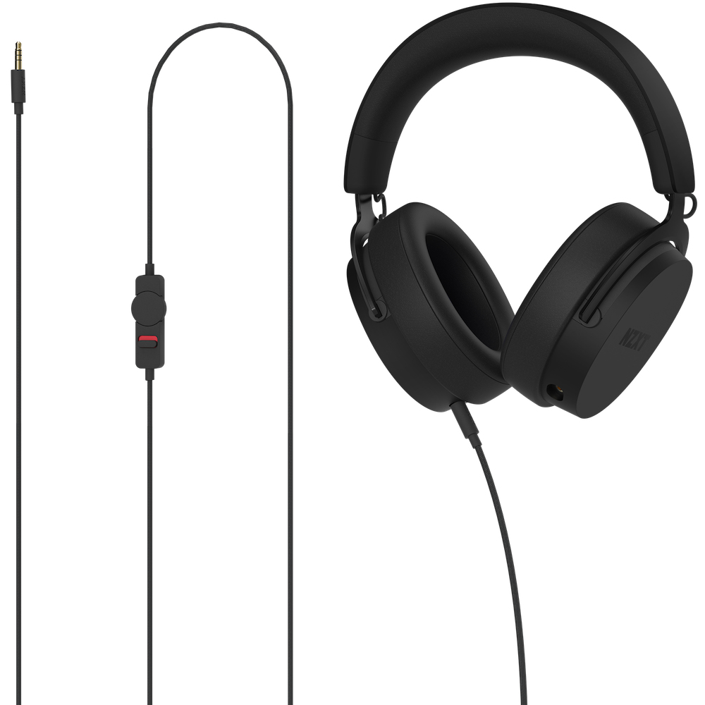 Black headphones with a cable. The headphones are on a white background.