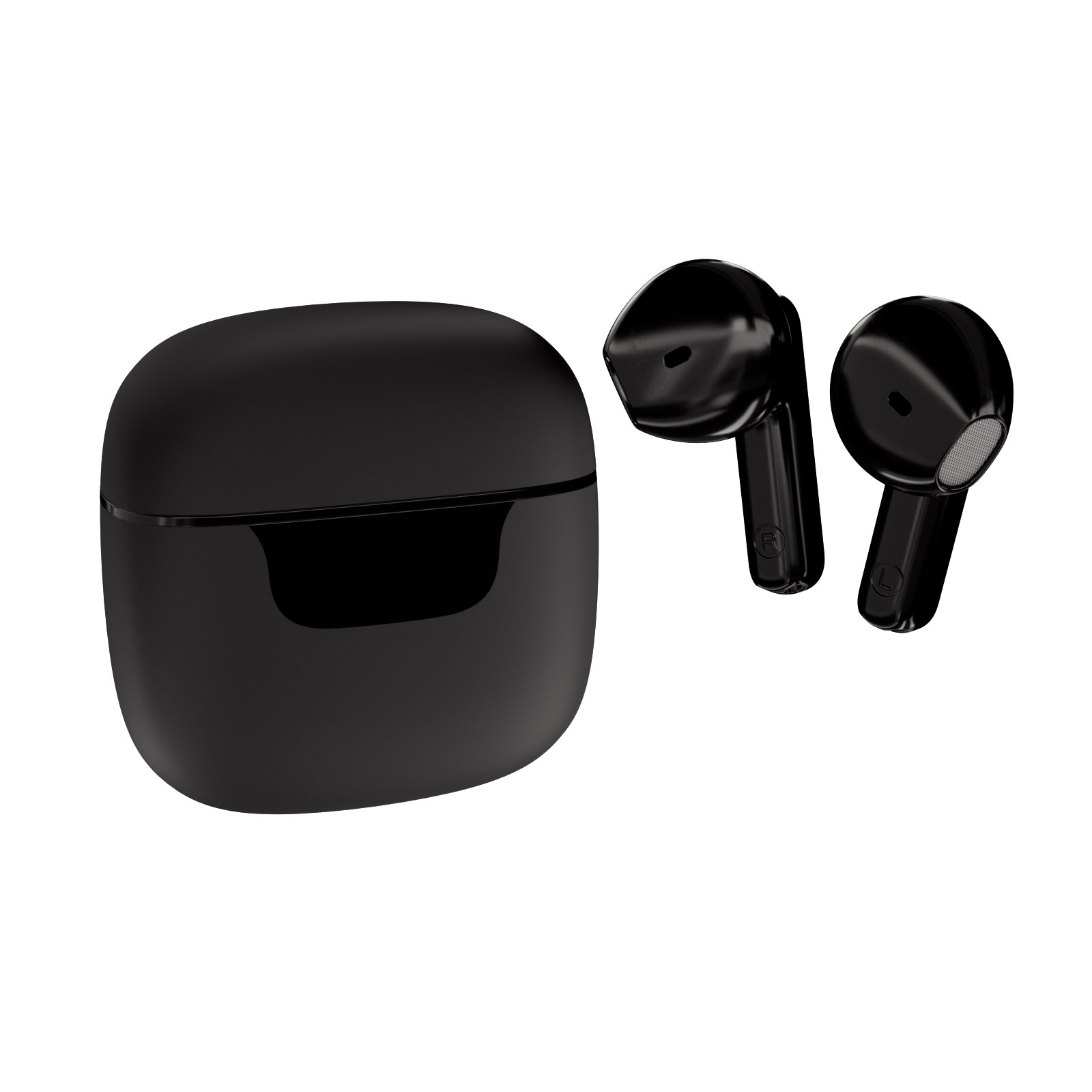 Auriculares inalámbricos negros y estuche de carga sobre blanco. Diseño brillante y moderno.