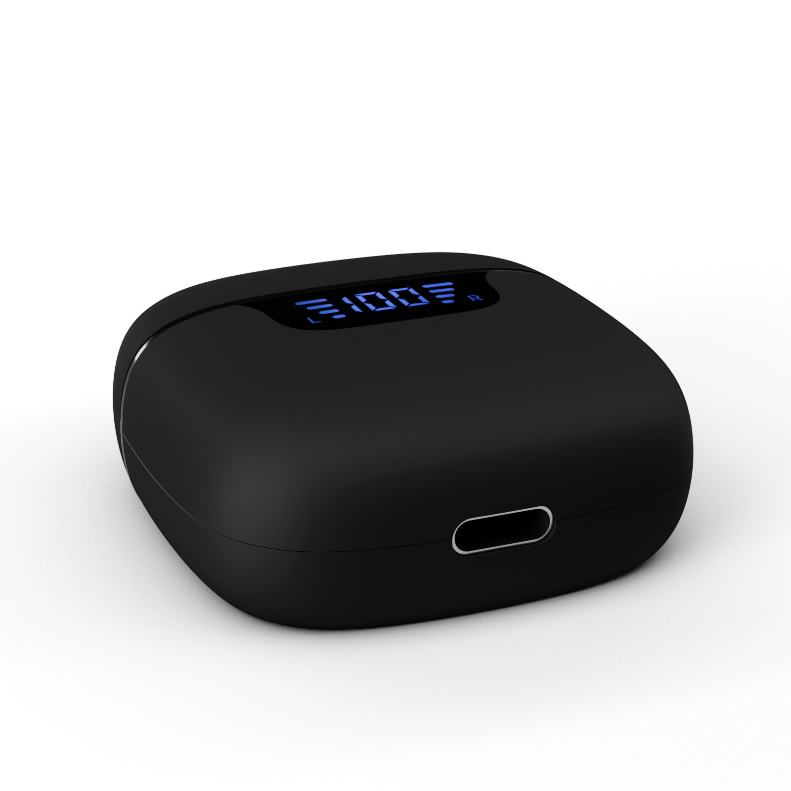 Un estuche de carga negro para auriculares, con una pantalla digital que muestra el nivel de batería.