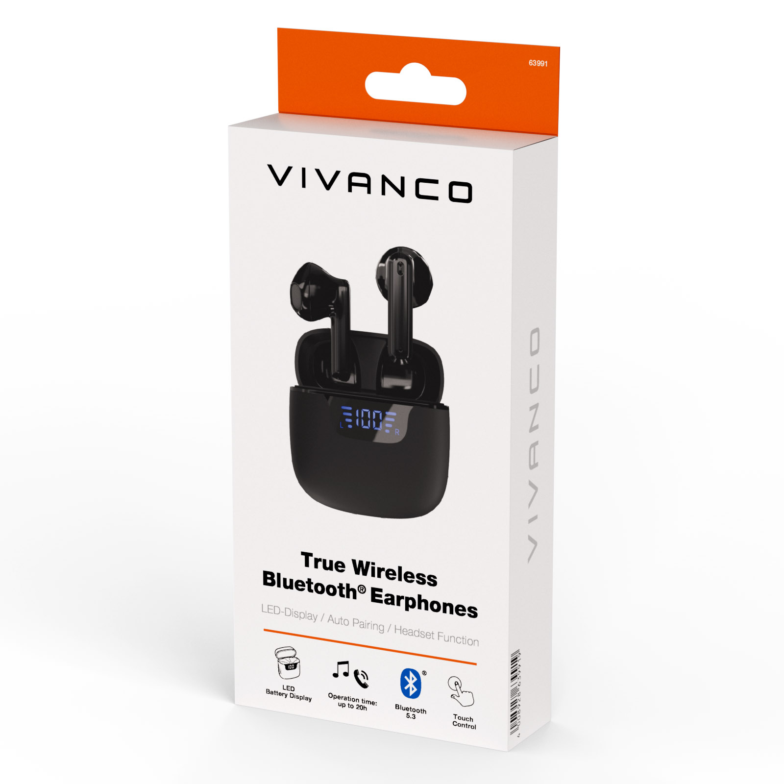 Una caja blanca con auriculares inalámbricos negros. El texto incluye 'True Wireless Bluetooth Earphones'.