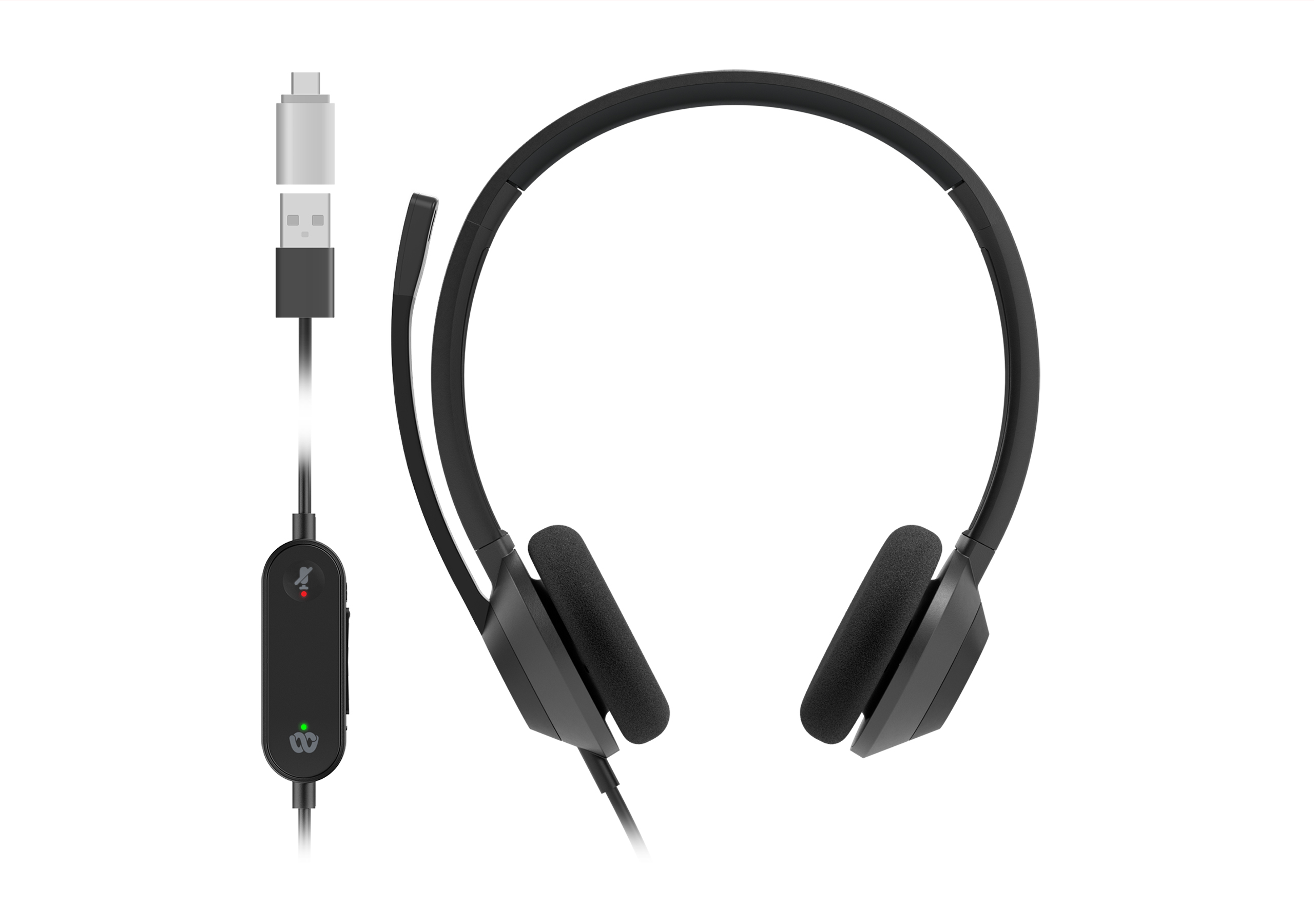 Cuffie nere con microfono e cavo USB su sfondo bianco.