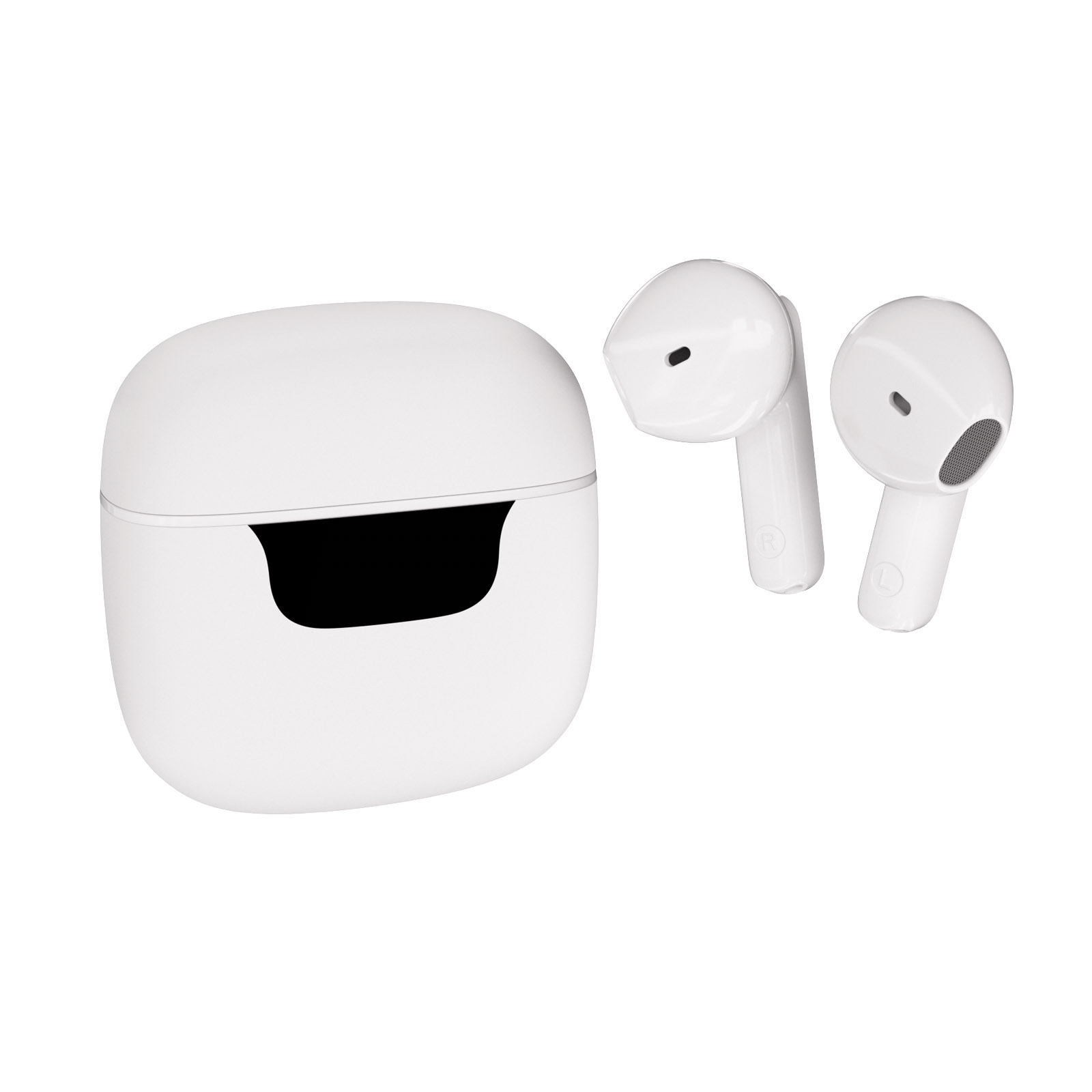 Auriculares y estuche de carga blancos sobre fondo blanco. Los auriculares están a la derecha.