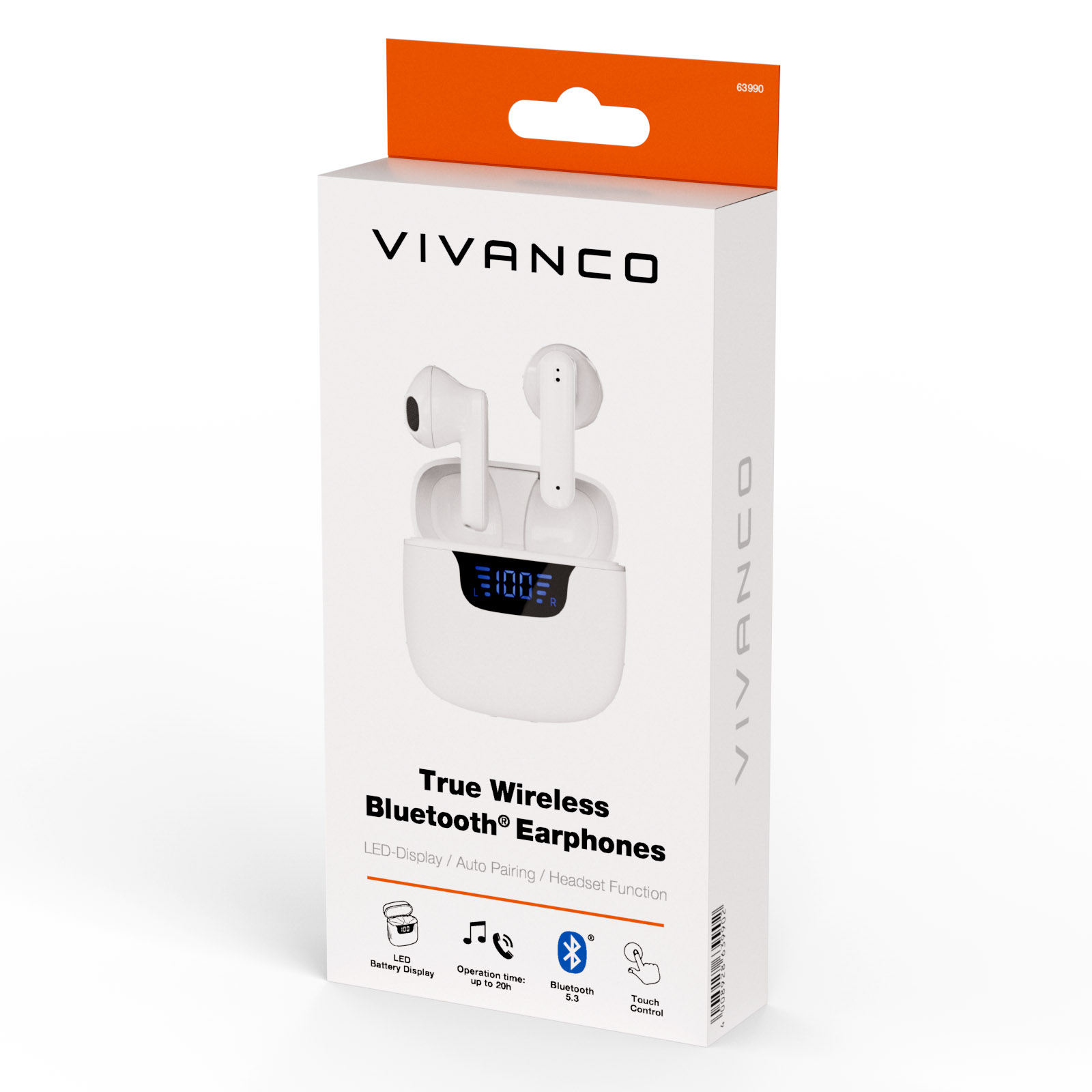 Auriculares Vivanco blancos en una caja blanca. Cuenta con pantalla digital y logo Bluetooth.