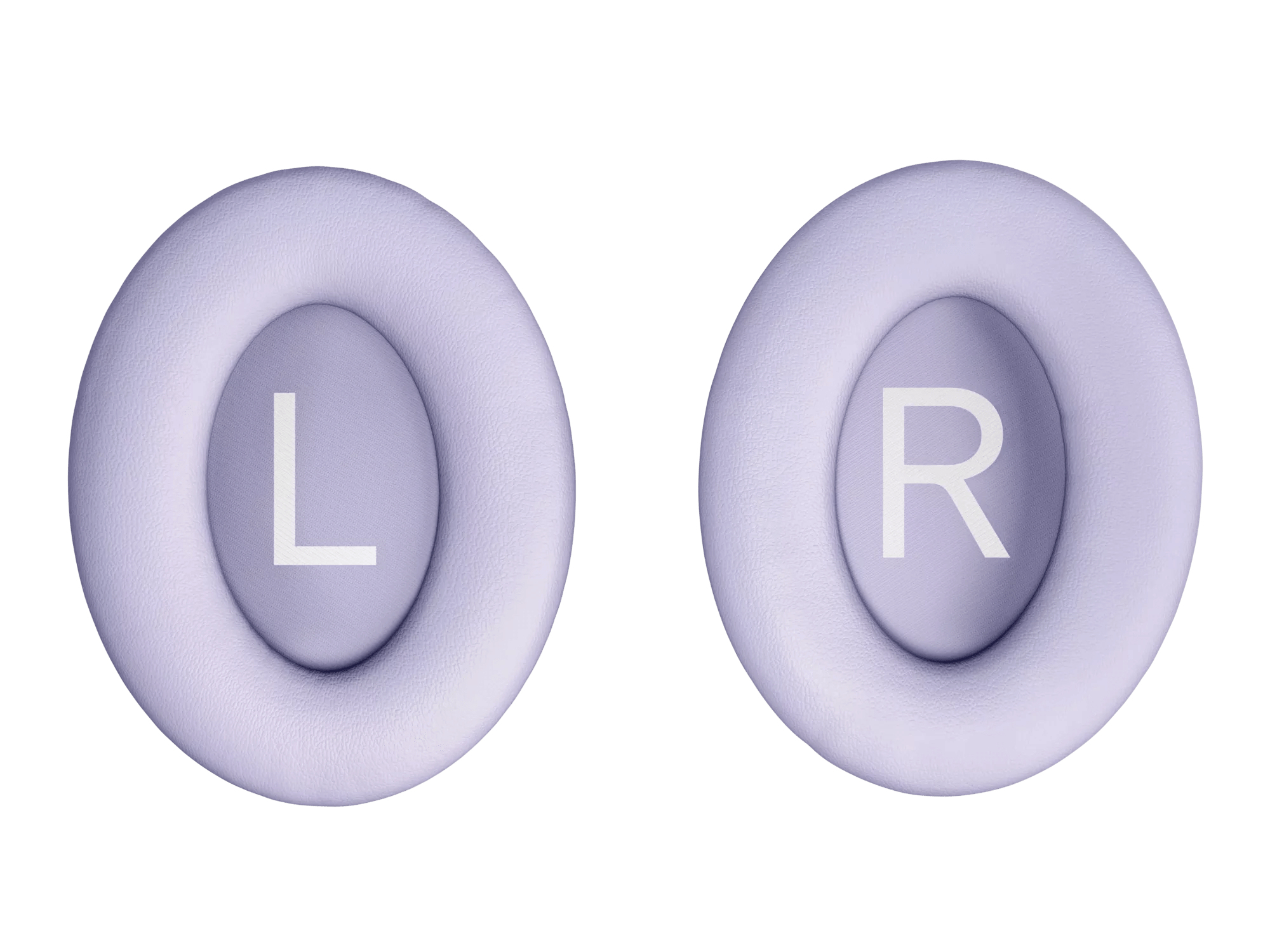 Dwie jasnofioletowe wkładki do uszu z literami 'L' i 'R' w białej czcionce. Białe tło.