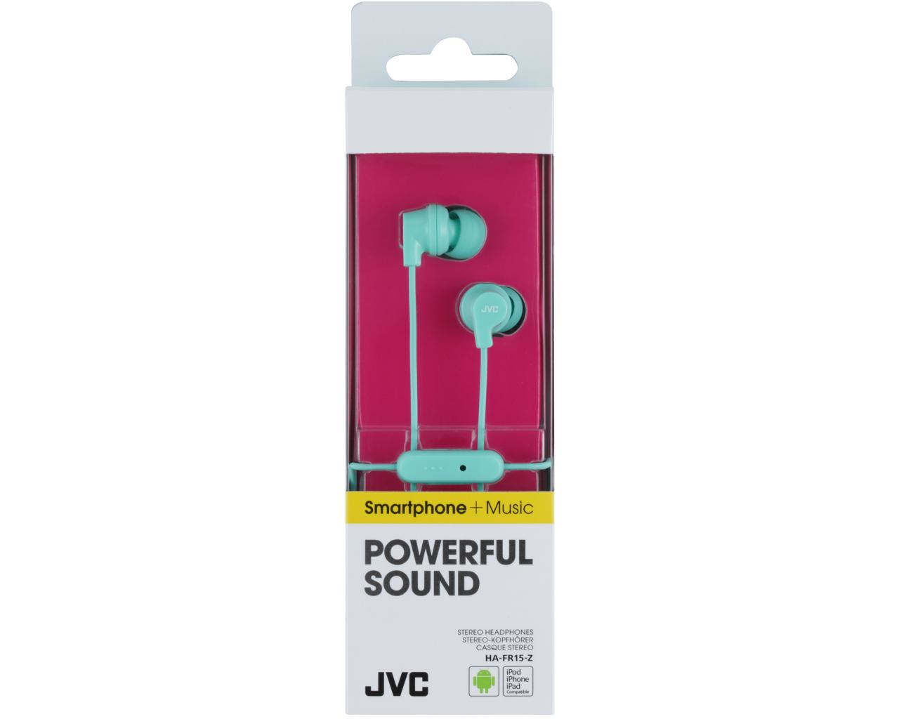 Cuffie JVC in una scatola. Le cuffie sono blu e la scatola è rosa. Sfondo bianco.