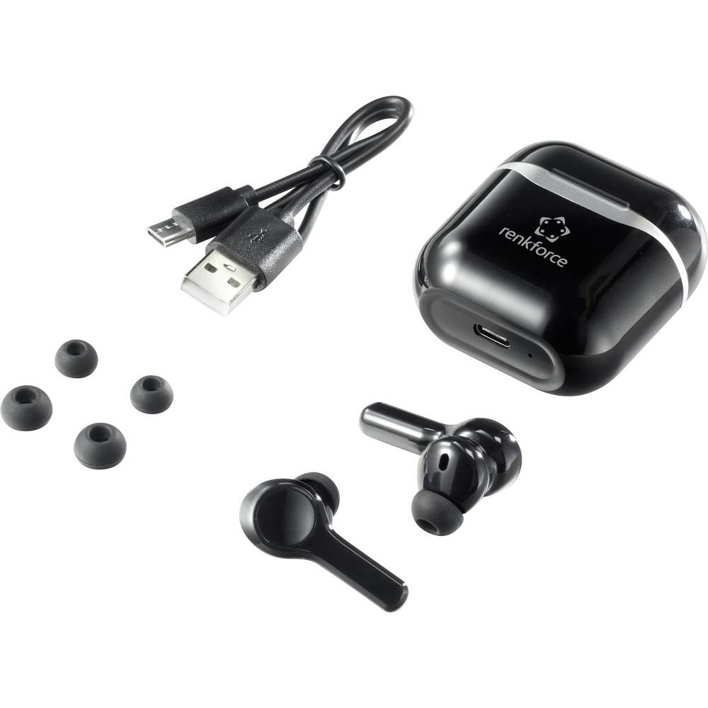 Schwarze kabellose Ohrhörer, Ladeetui, USB-Kabel und Ohrstöpsel auf Weiß.