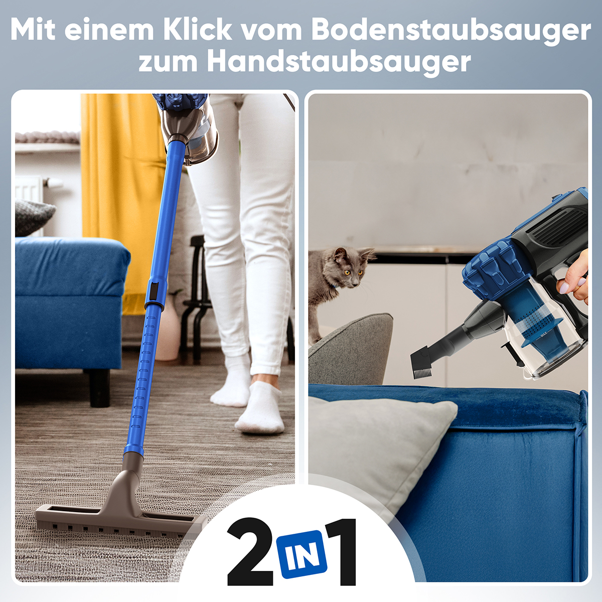 Podzielony obraz przedstawia odkurzacz w dwóch trybach, z osobą i kotem.