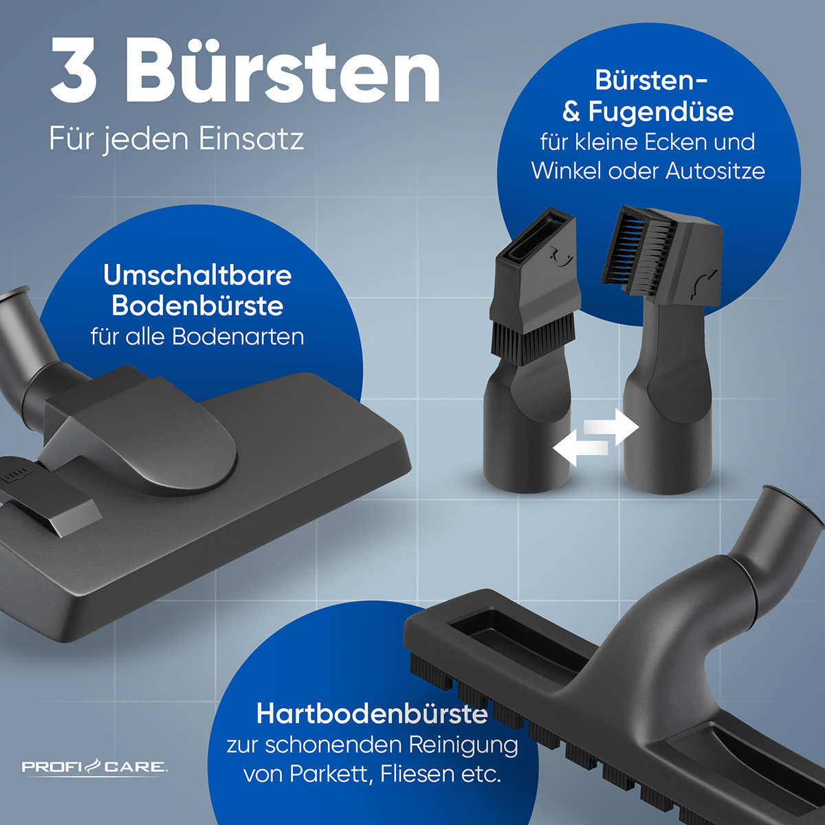 Trzy różne głowice odkurzacza z tekstem w języku niemieckim. Do różnych zastosowań.