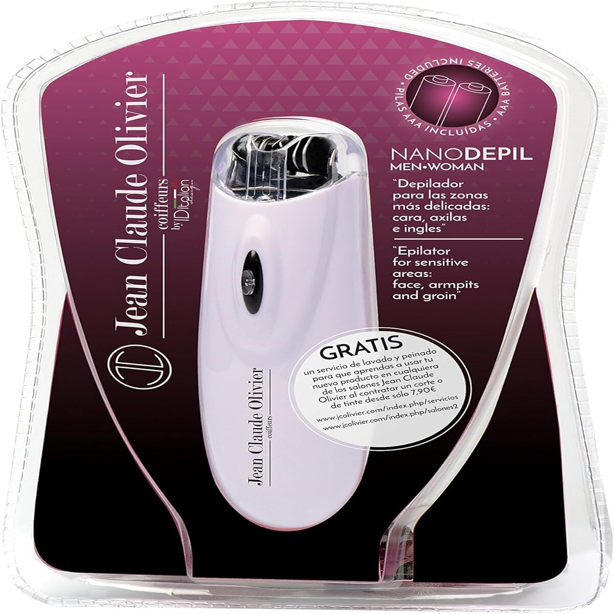 A white epilator in a plastic package, with text and images, white background.