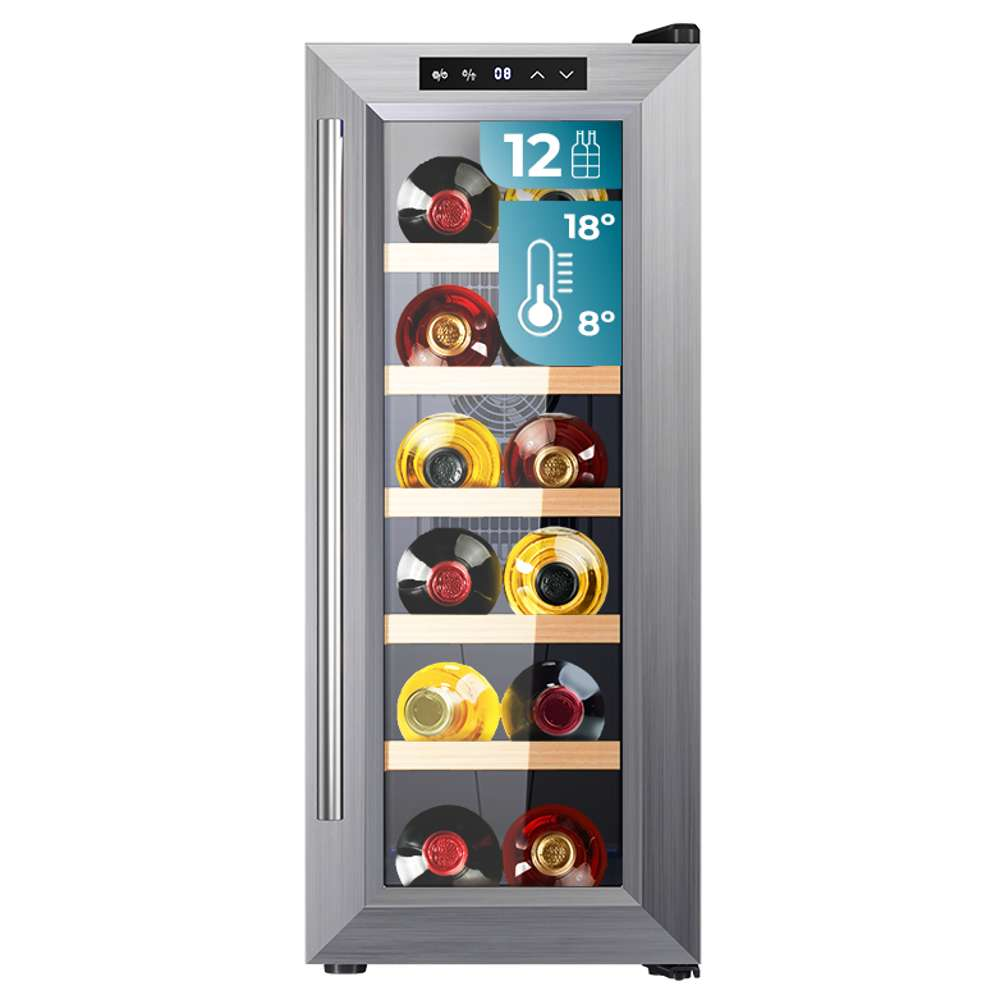Wine cooler with glass door. Inside, 12 bottles of wine are displayed. Digital display shows the temperature.