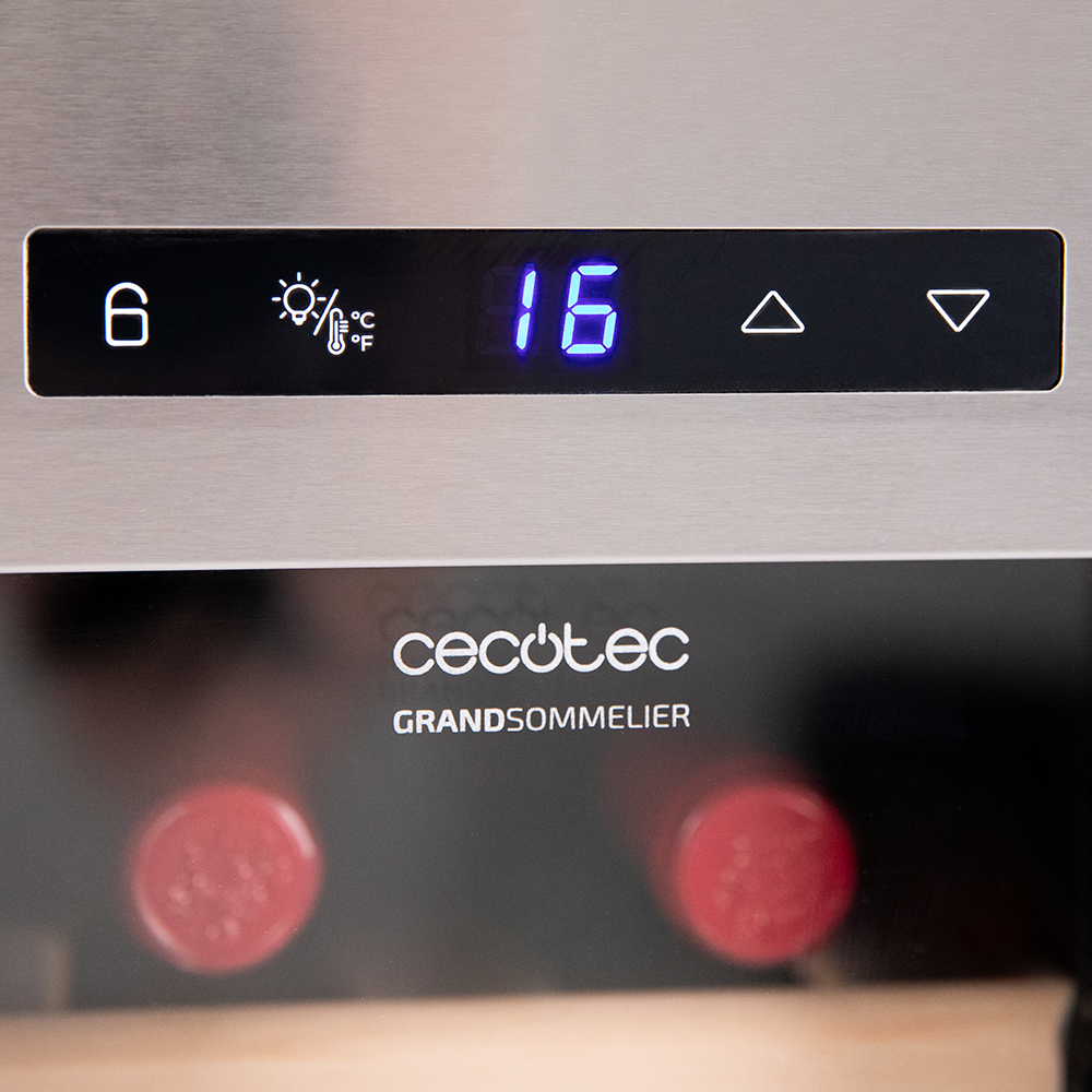 Wine fridge display with temperature, digital display shows 16 degrees.